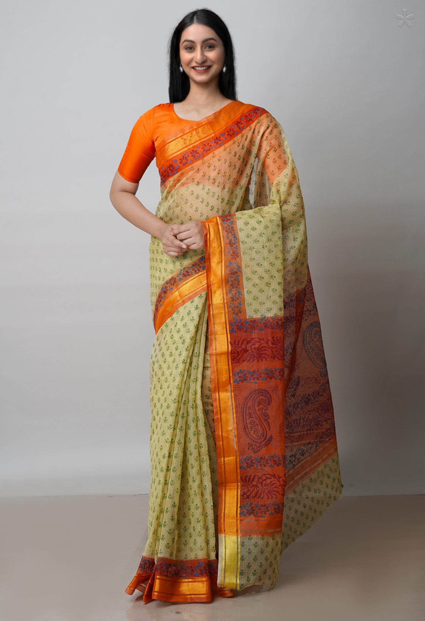 Beige Pure  Block Printed Kota Cotton Saree-UNM72062