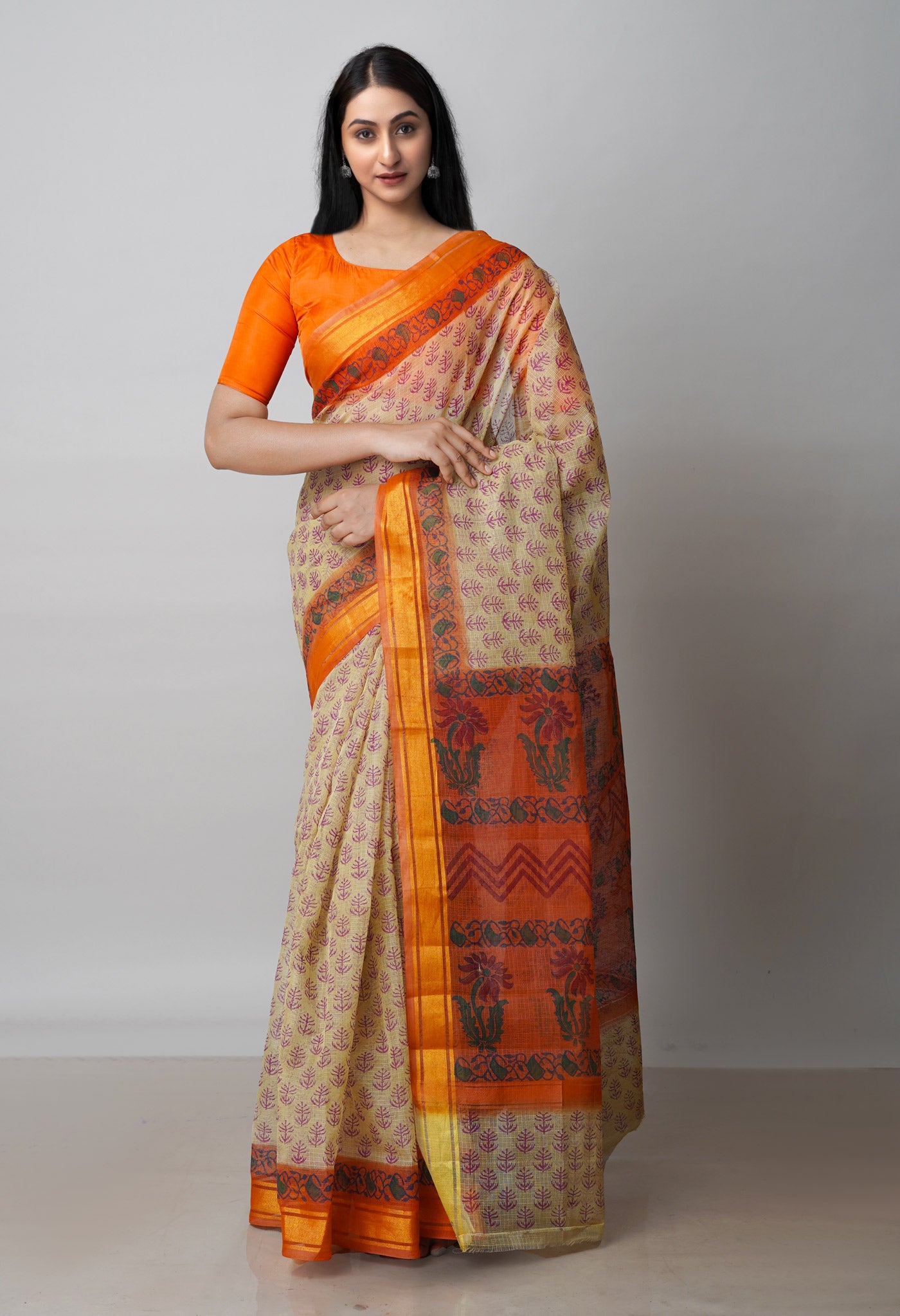 Beige Pure  Block Printed Kota Cotton Saree-UNM72068