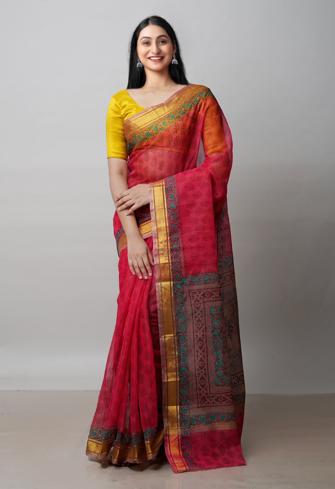 Red Pure Block Printed Kota Cotton Saree-UNM72076