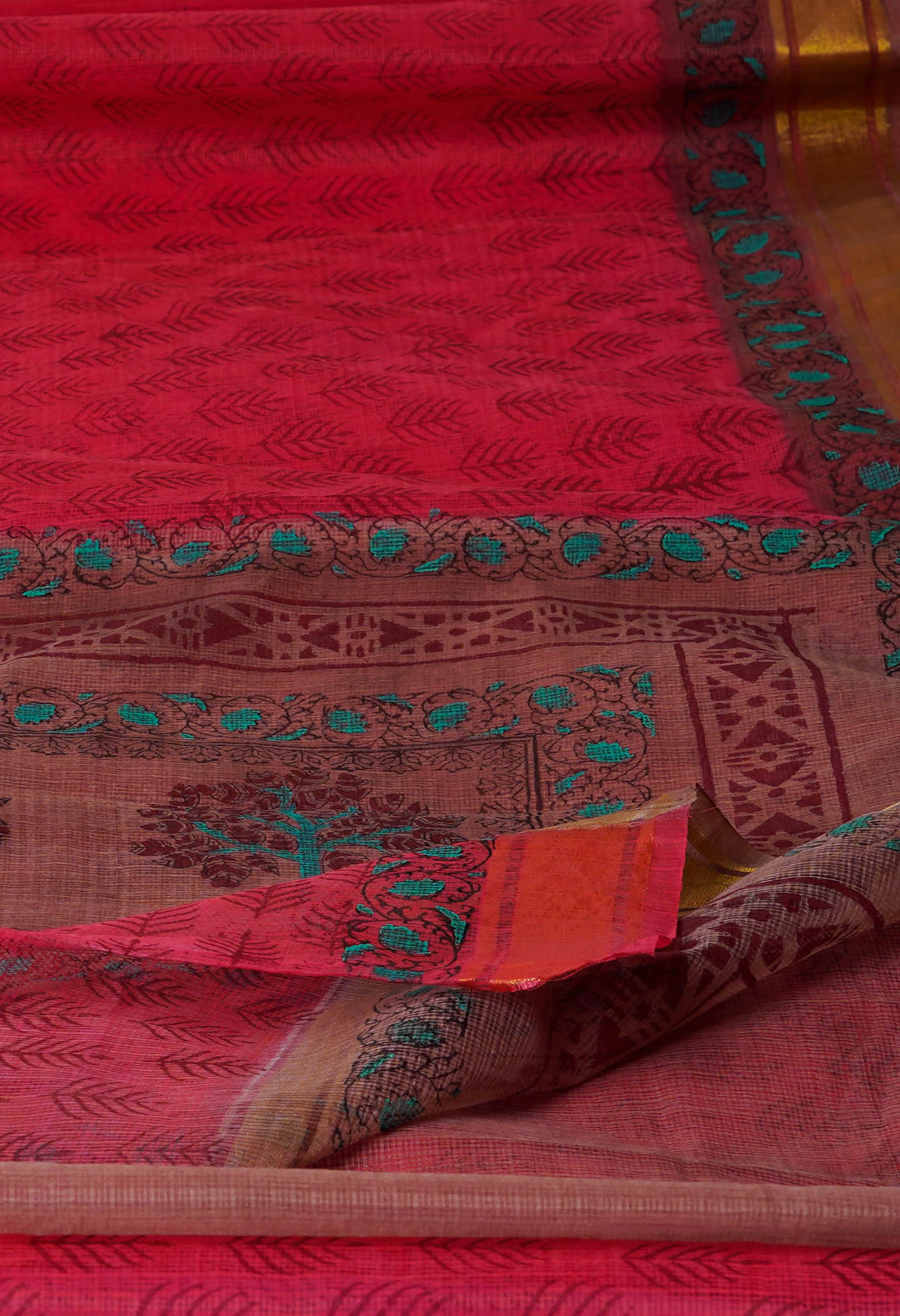 Red Pure Block Printed Kota Cotton Saree-UNM72076