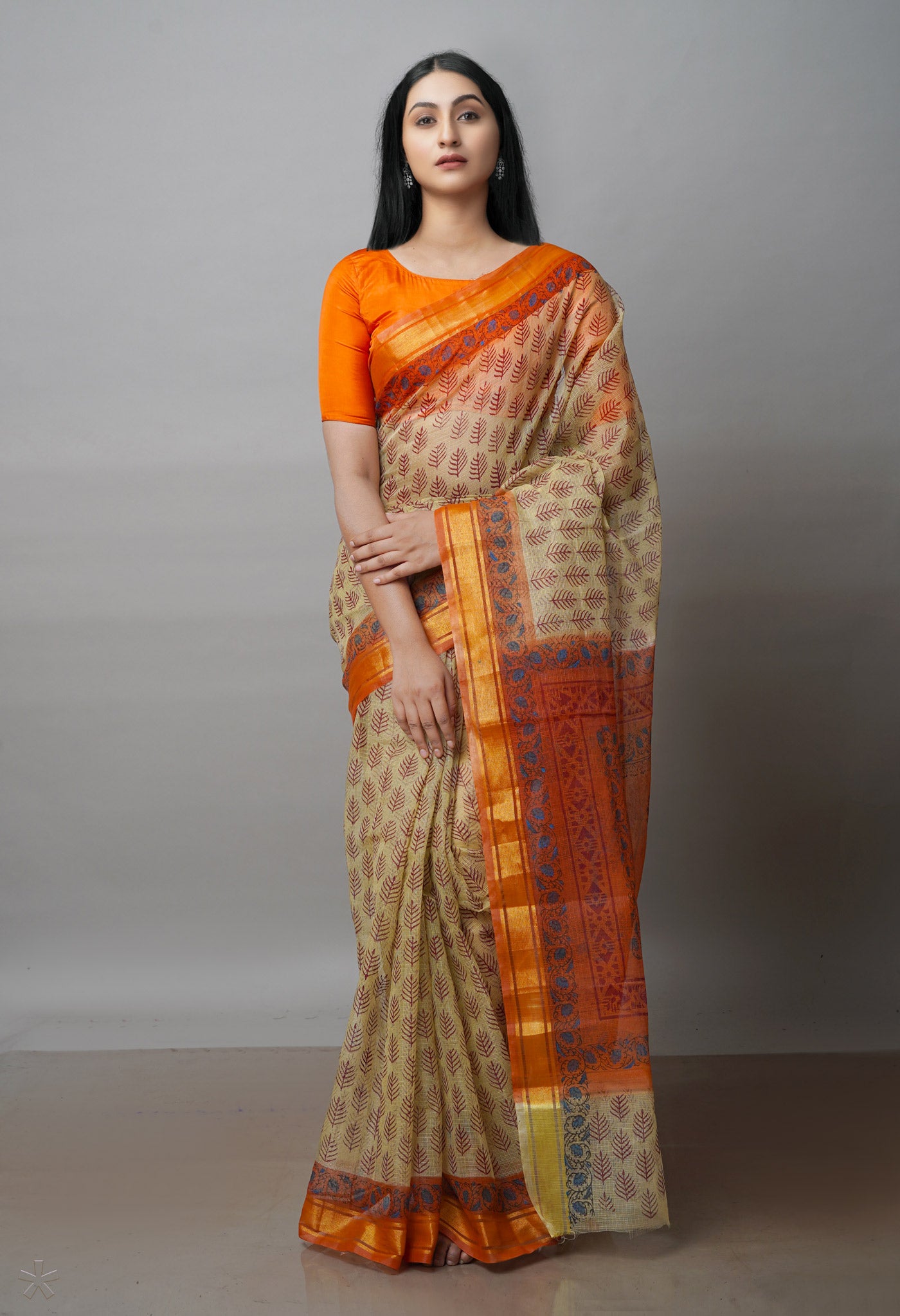 Beige Pure  Block Printed Kota Cotton Saree-UNM72077