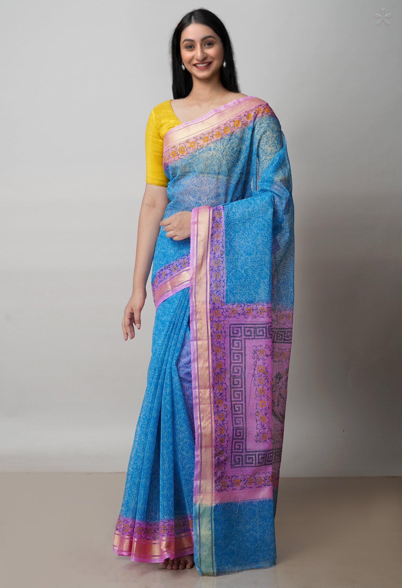 Blue Pure Block Printed Kota Cotton Saree-UNM72088