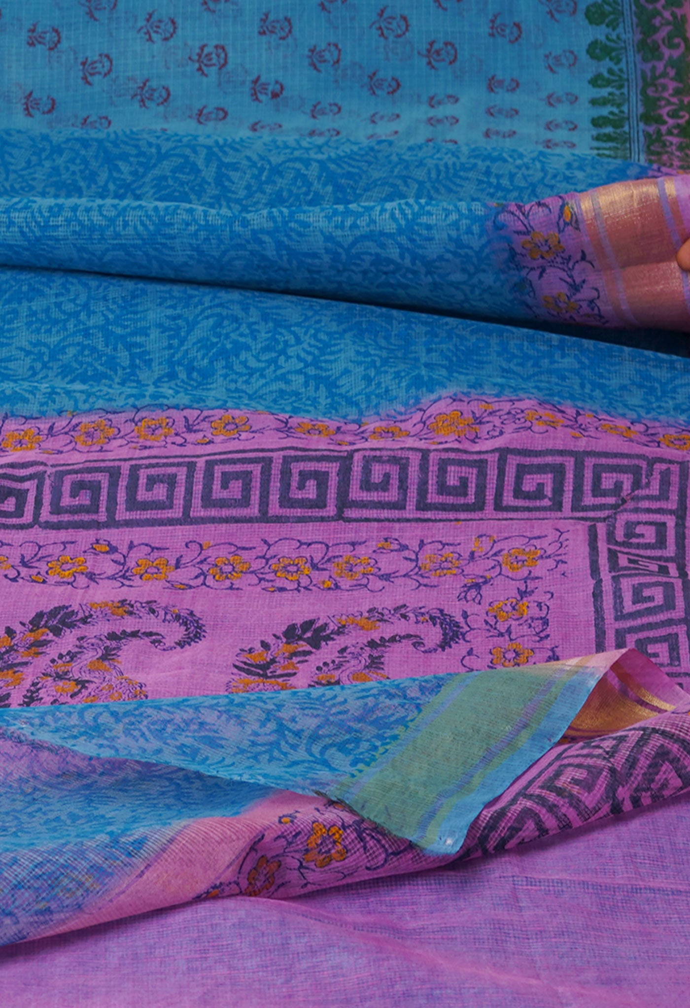 Blue Pure Block Printed Kota Cotton Saree-UNM72088