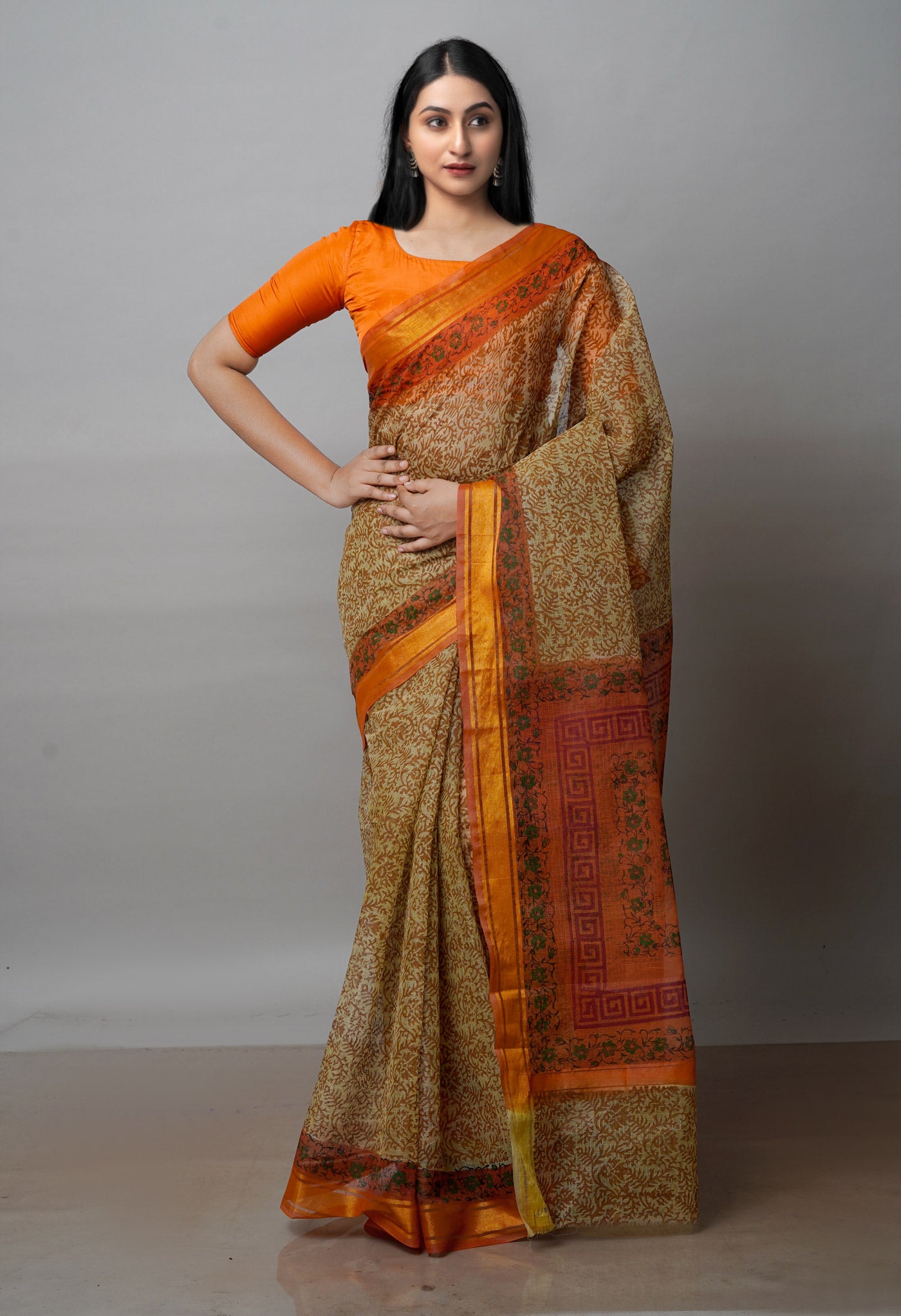 Beige Pure  Block Printed Kota Cotton Saree-UNM72090