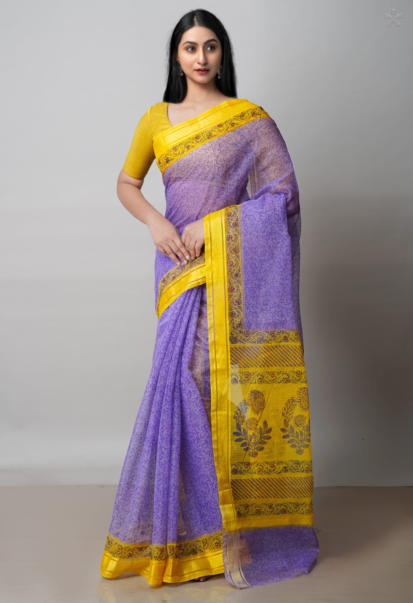 Violet Pure Block Printed Kota Cotton Saree-UNM72091