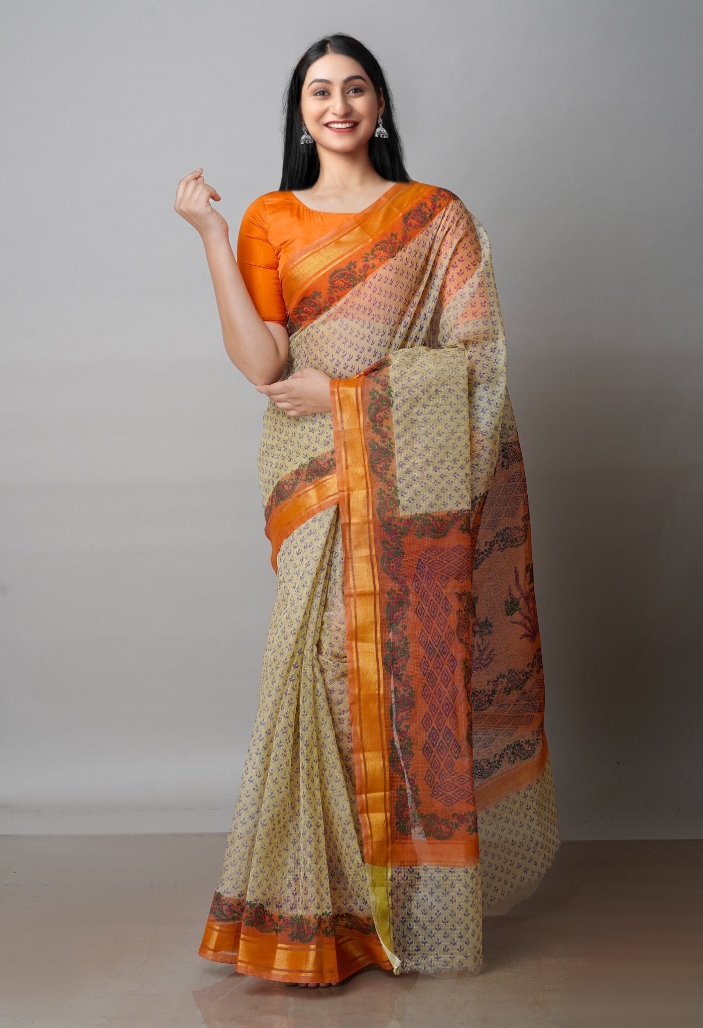 Beige Pure  Block Printed Kota Cotton Saree-UNM72094