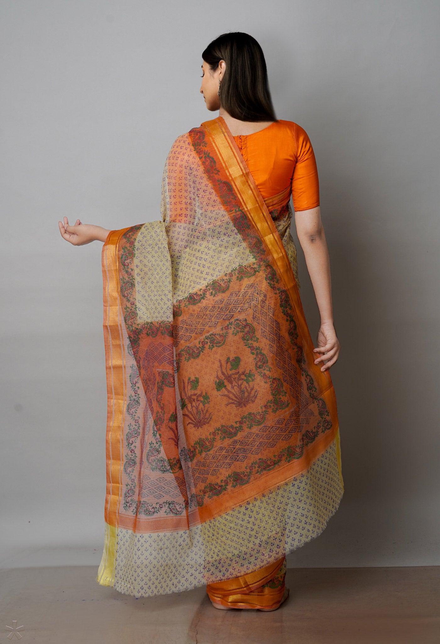 Beige Pure  Block Printed Kota Cotton Saree-UNM72094