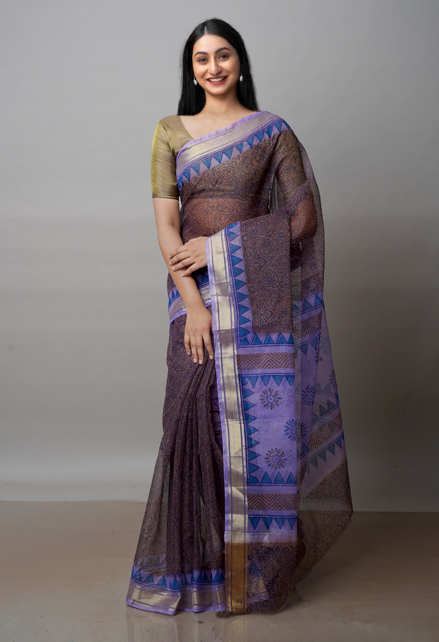 Burgundy Pure Block Printed Kota Cotton Saree-UNM72096