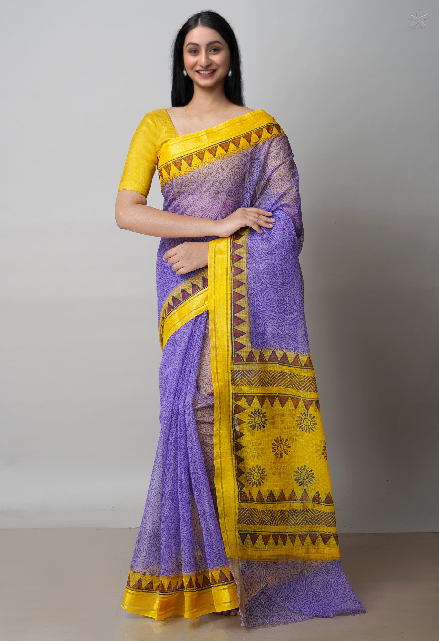 Violet Pure Block Printed Kota Cotton Saree-UNM72099
