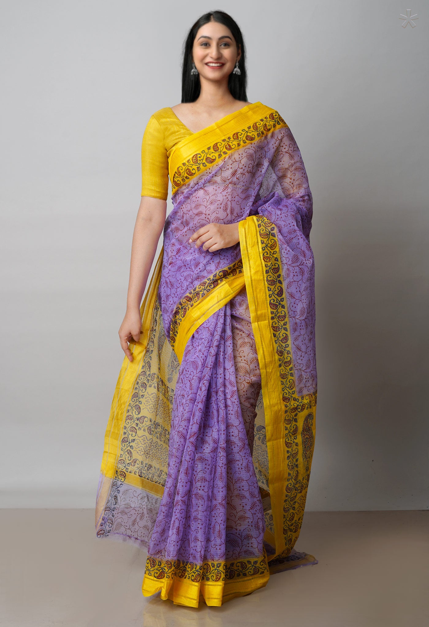 Violet Pure Block Printed Kota Cotton Saree-UNM72106