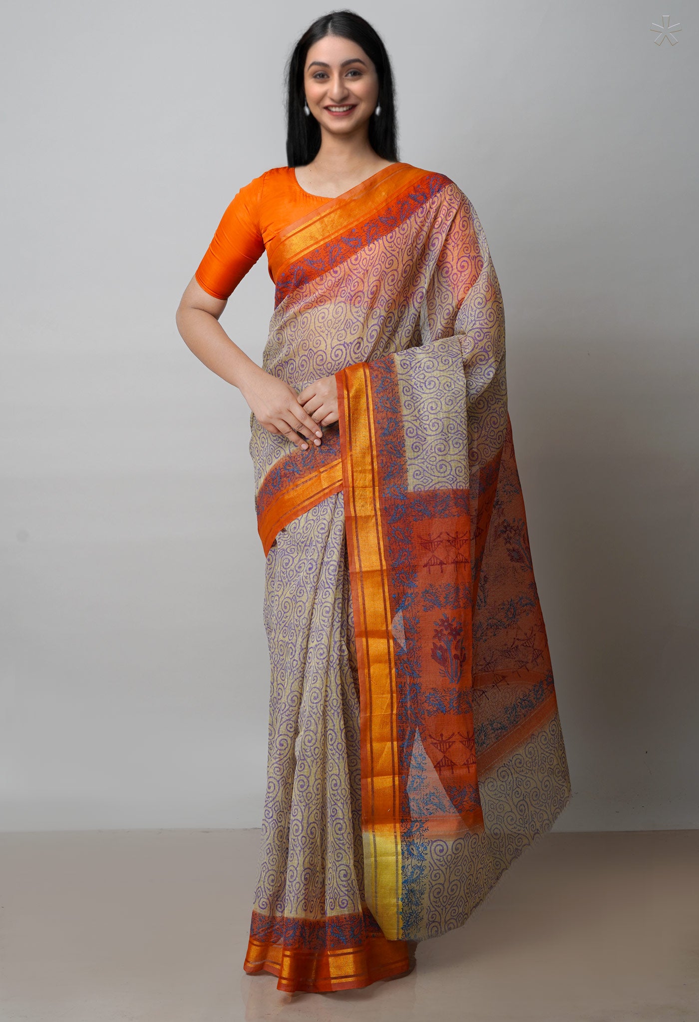 Beige Pure  Block Printed Kota Cotton Saree-UNM72121