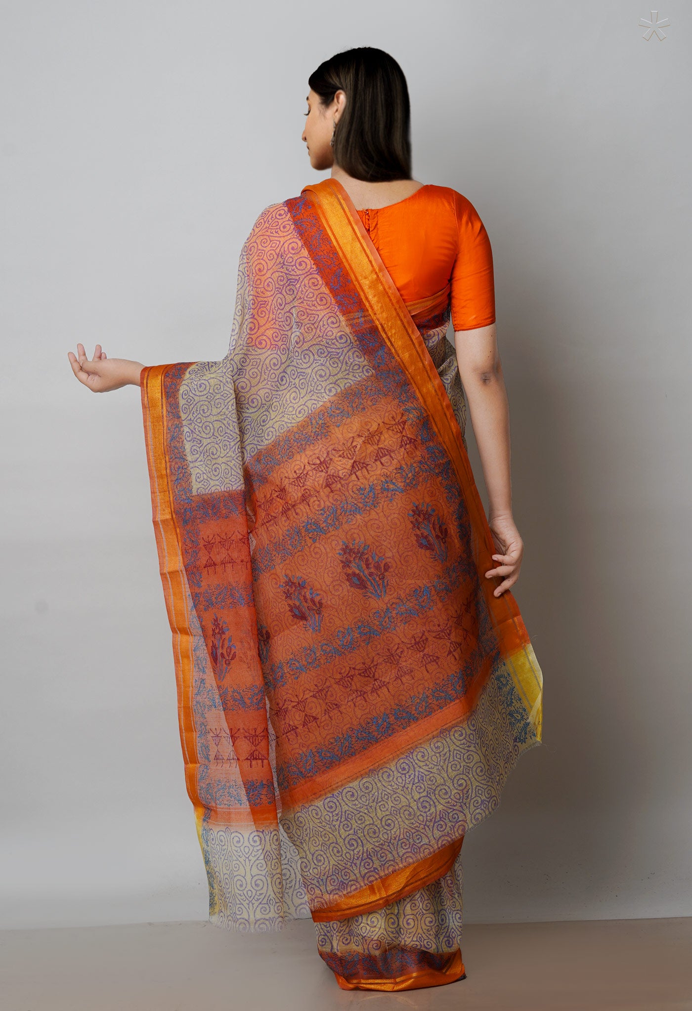 Beige Pure  Block Printed Kota Cotton Saree-UNM72121