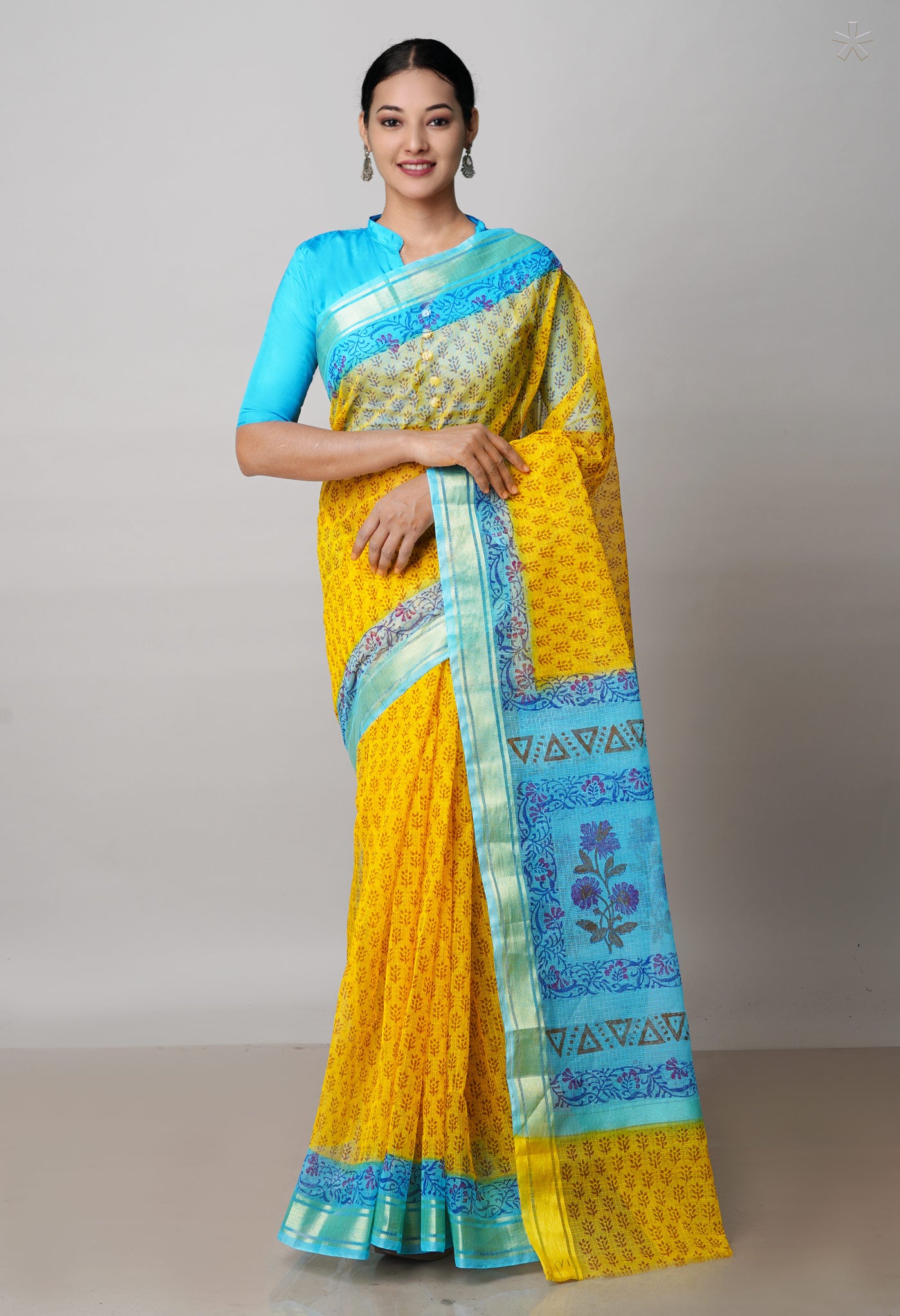 Yellow Pure Block Printed Kota Cotton Saree-UNM72125
