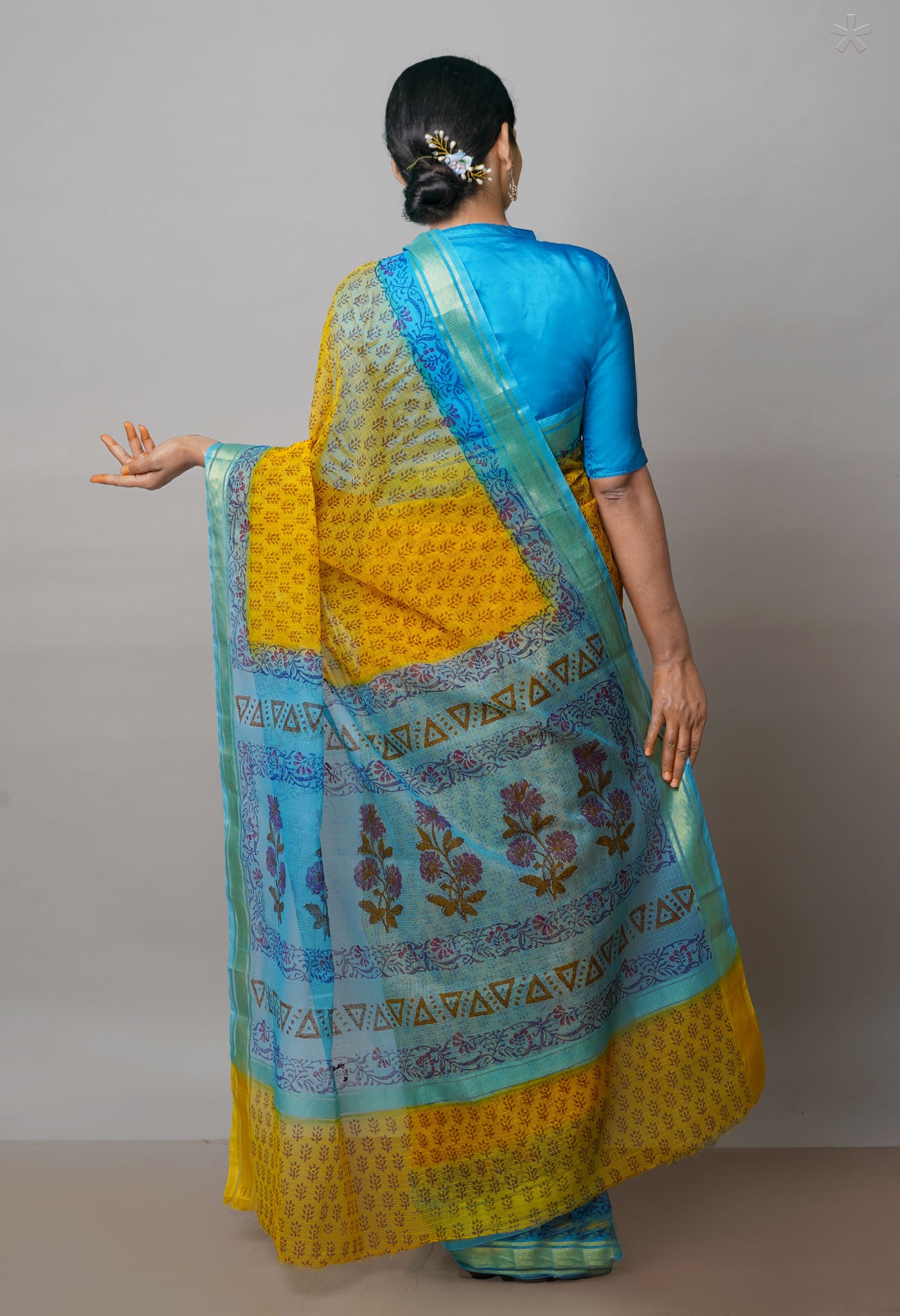Yellow Pure Block Printed Kota Cotton Saree-UNM72125