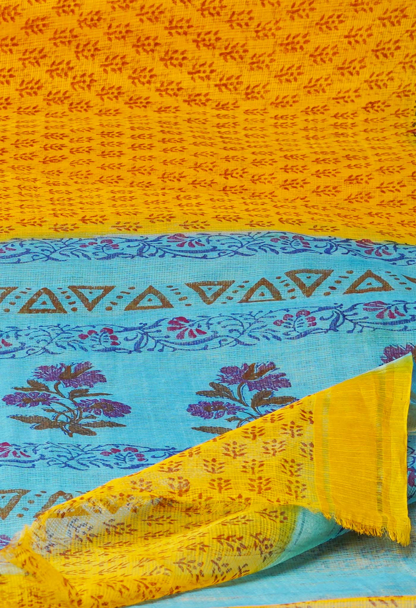 Yellow Pure Block Printed Kota Cotton Saree-UNM72125