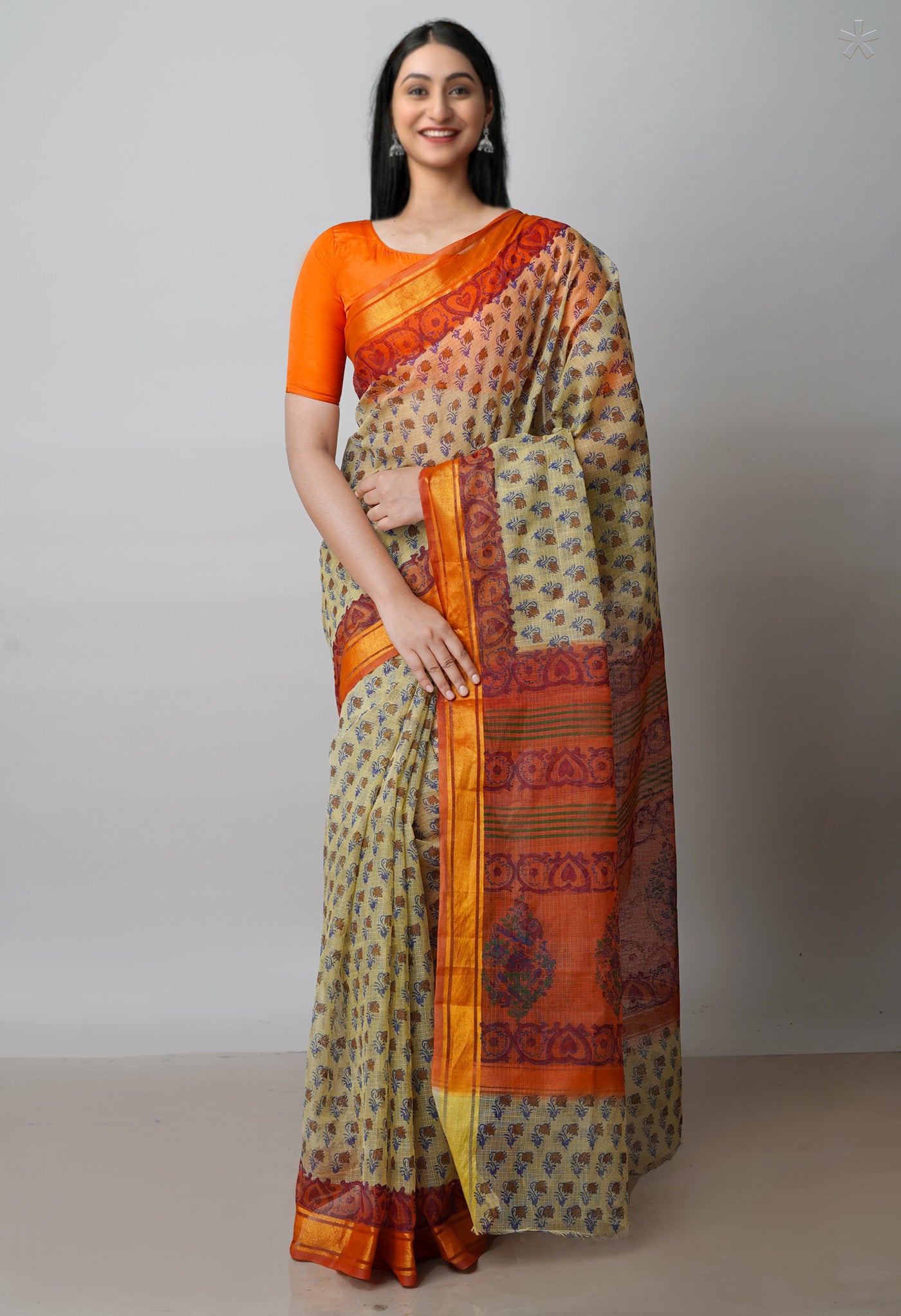 Beige Pure  Block Printed Kota Cotton Saree-UNM72131