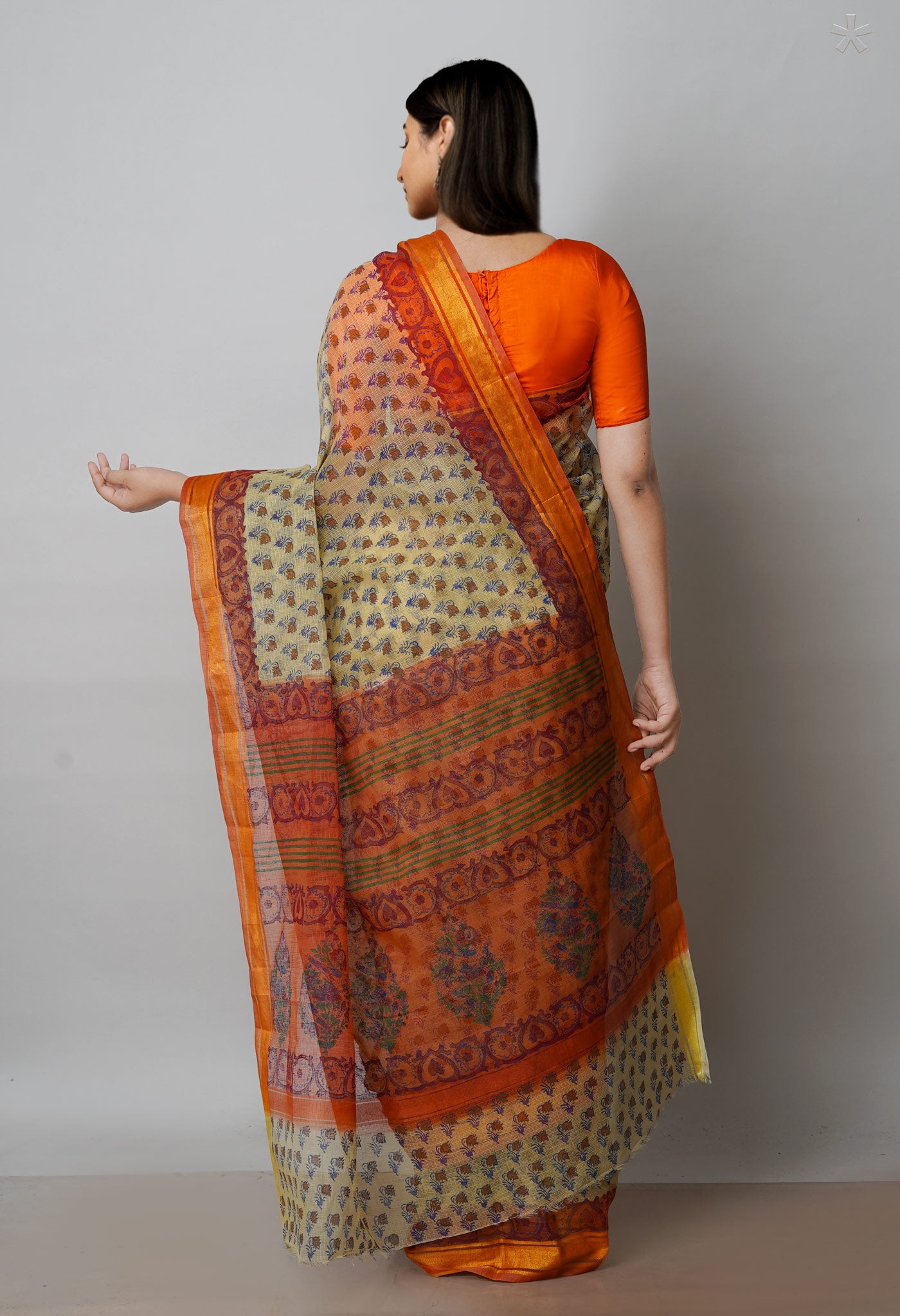 Beige Pure  Block Printed Kota Cotton Saree-UNM72131