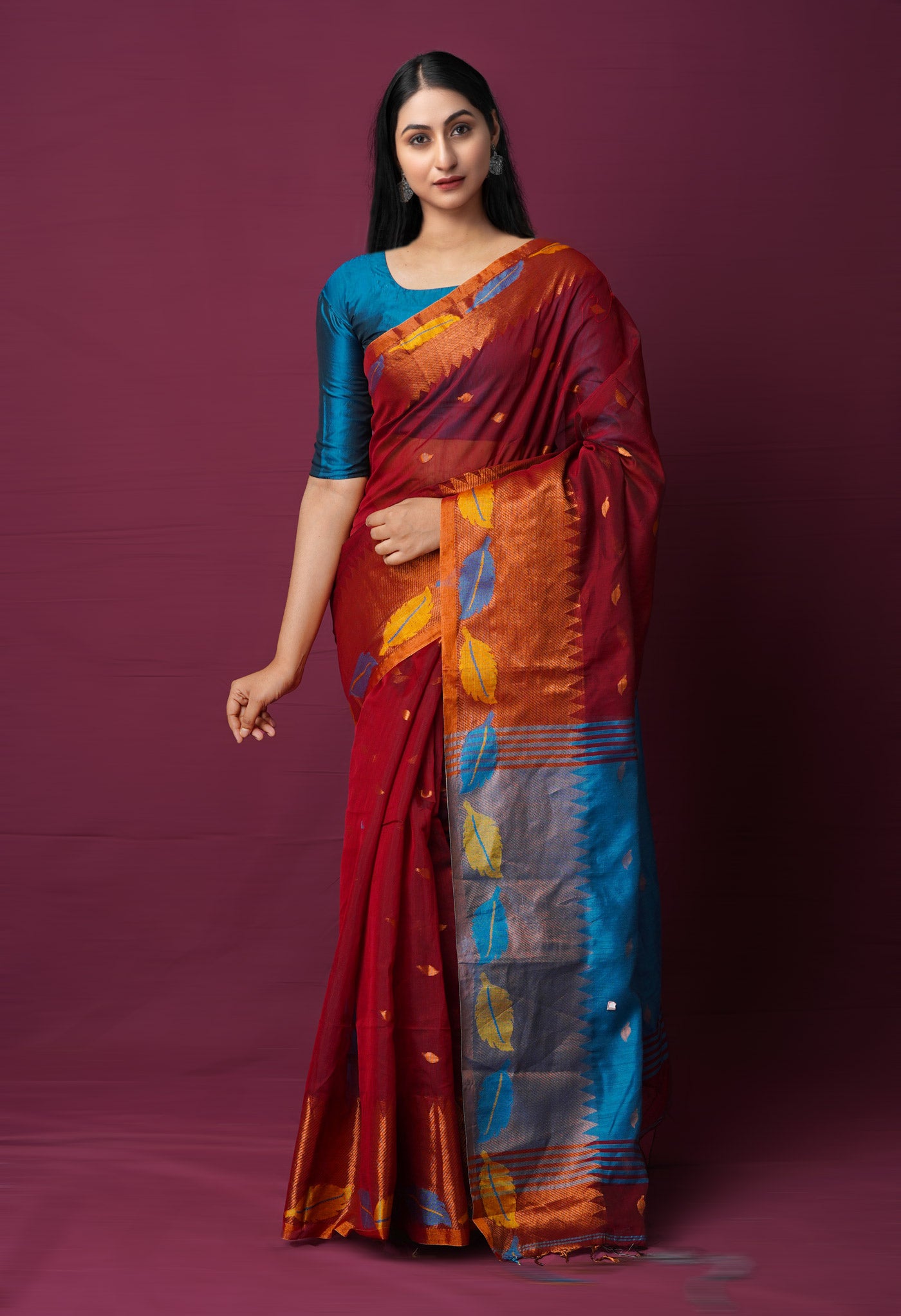 Maroon Handloom Jamdhani Bengal Sico Saree-UNM72162