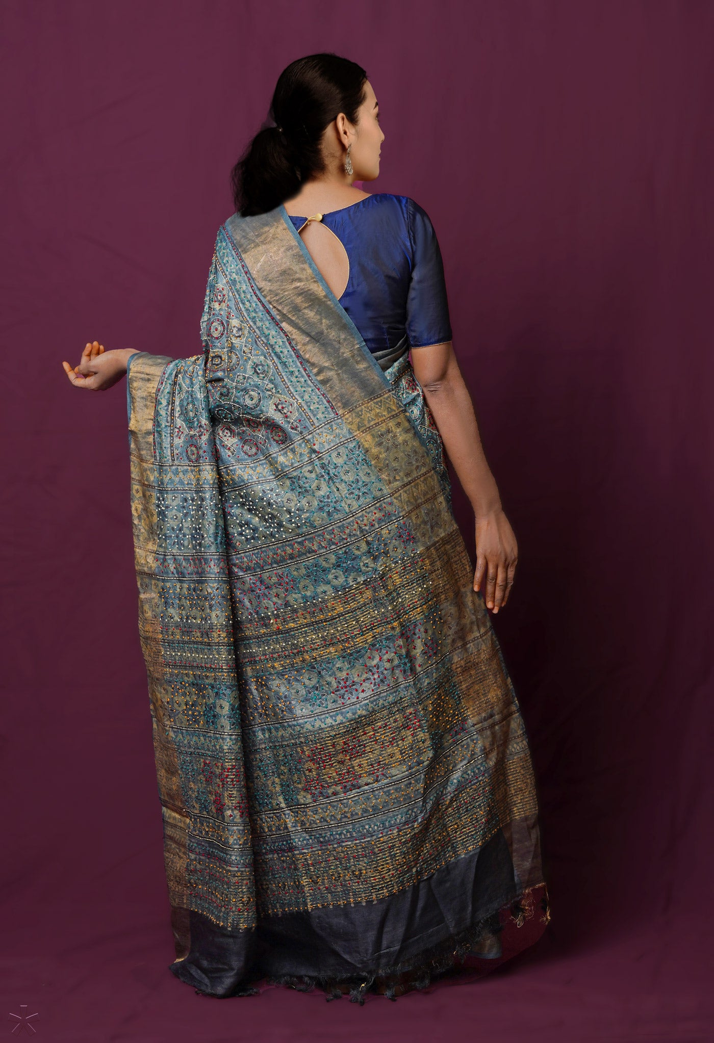 Bluish Grey Dyed Printed With French knot Stitch Embroidery Bengal Tussar Silk Saree-UNM72164