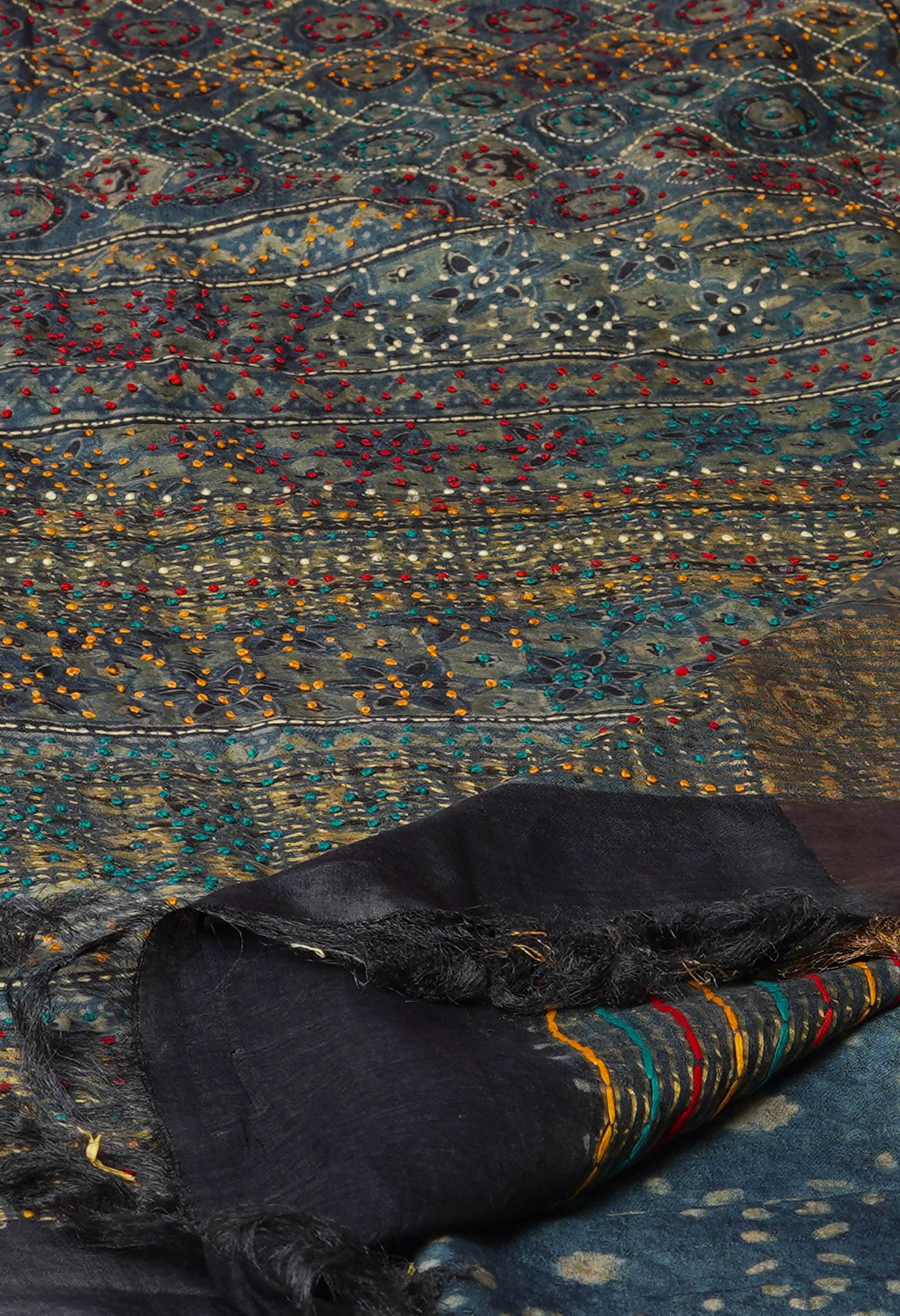 Bluish Grey Dyed Printed With French knot Stitch Embroidery Bengal Tussar Silk Saree-UNM72164