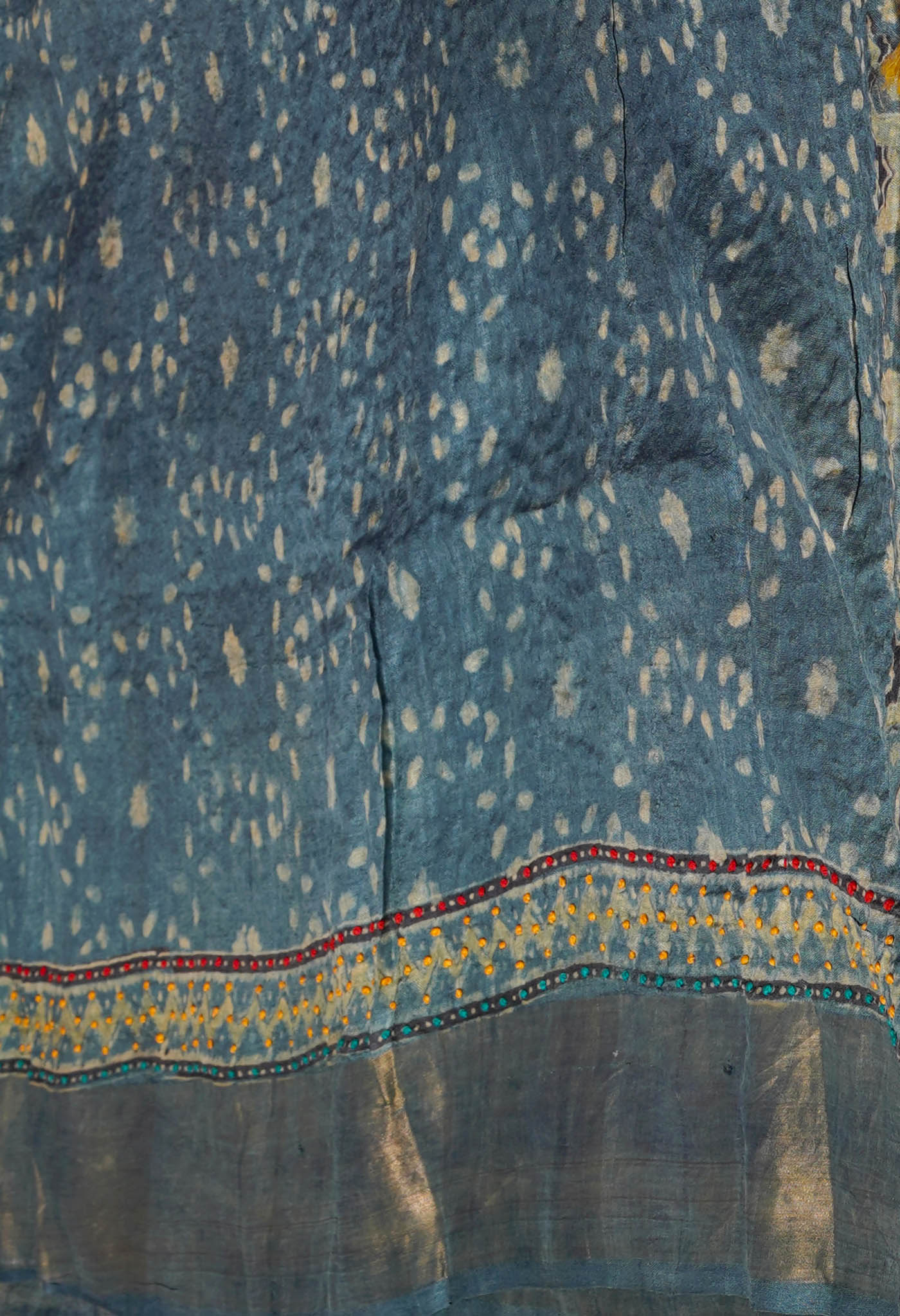 Bluish Grey Dyed Printed With French knot Stitch Embroidery Bengal Tussar Silk Saree-UNM72164