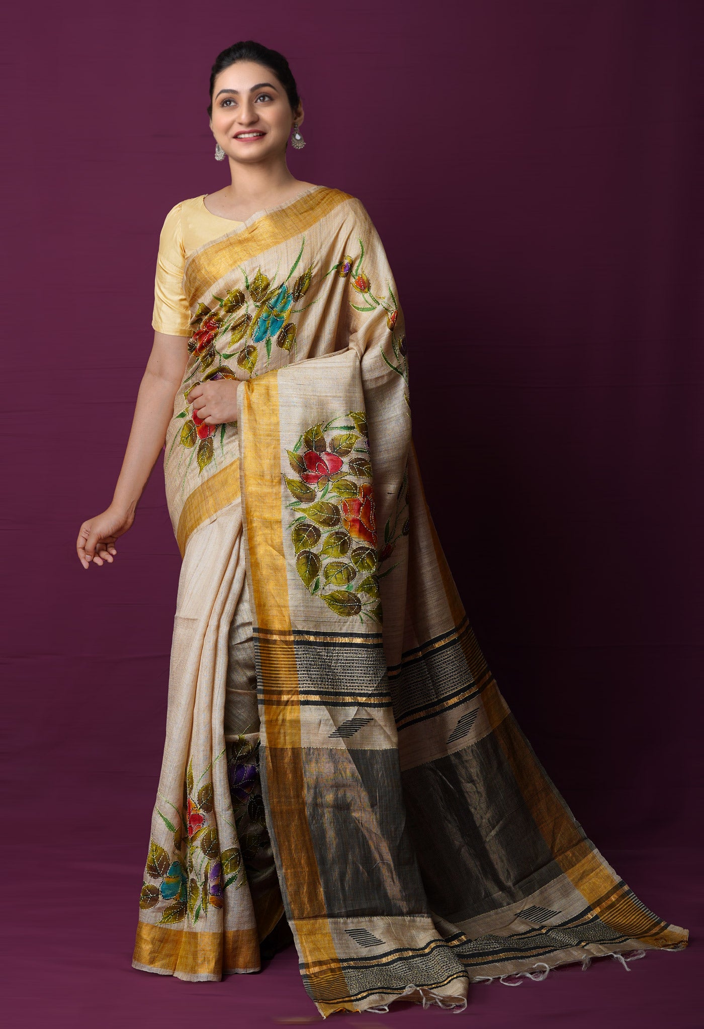 Beige Pure Handloom Dyed Printed With Kantha Work Embroidery Bengal Tussar Jute Saree-UNM72171