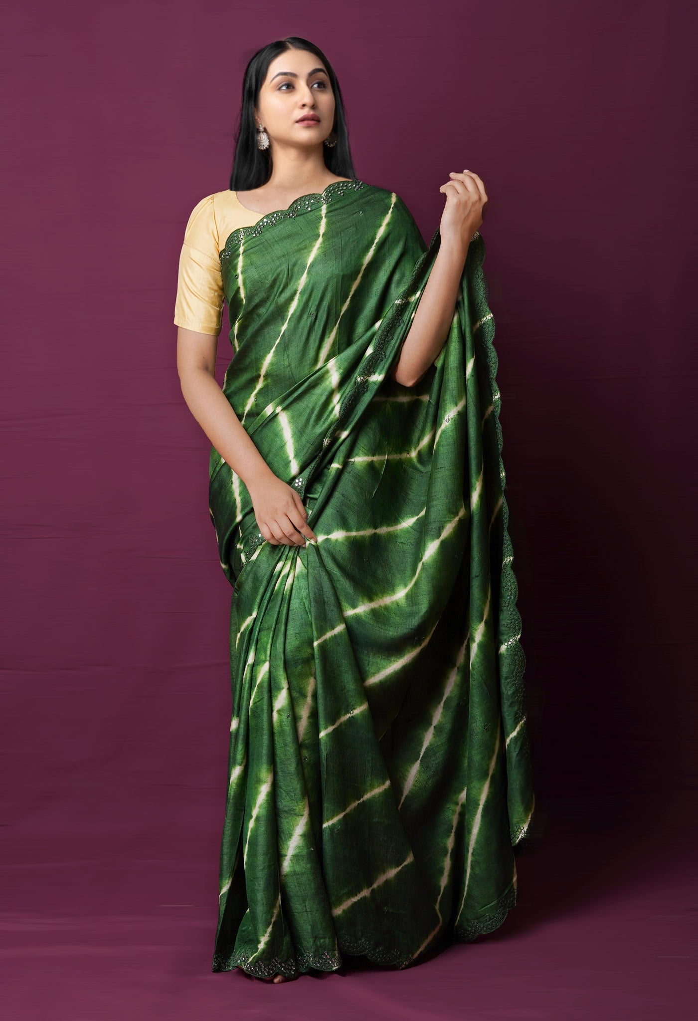 Dark Green Pure Handloom Fancy Mirror Work Tussar Silk Saree-UNM72172