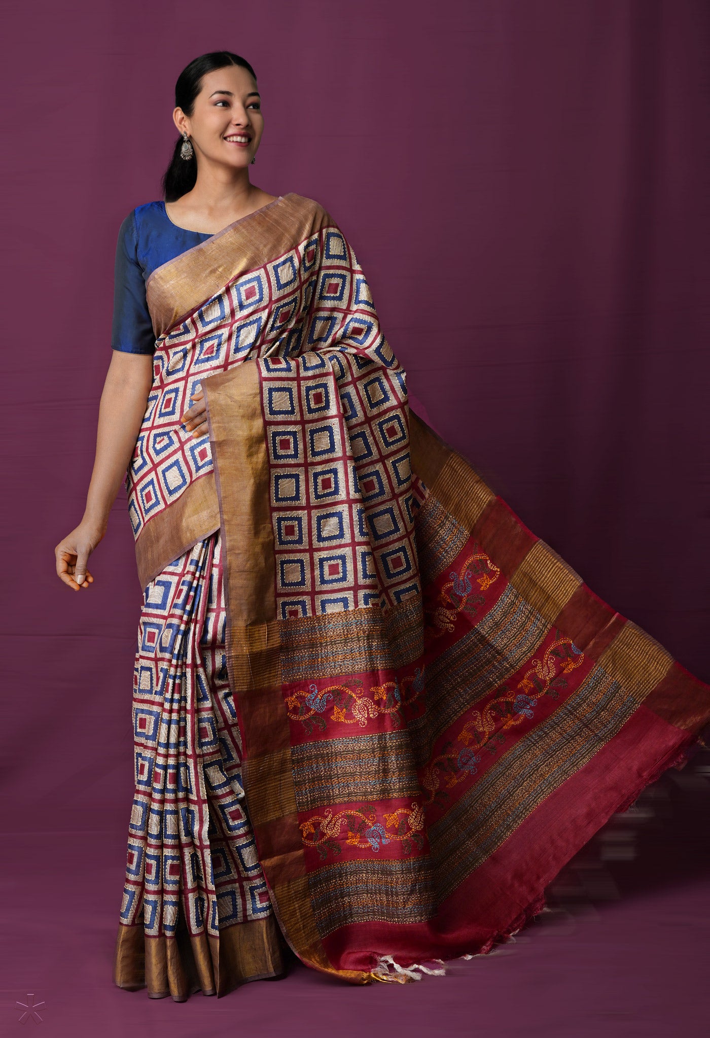 Beige Pure Handloom Block Printed With Kantha Work Embroidery Bengal Tussar Silk Saree-UNM72177