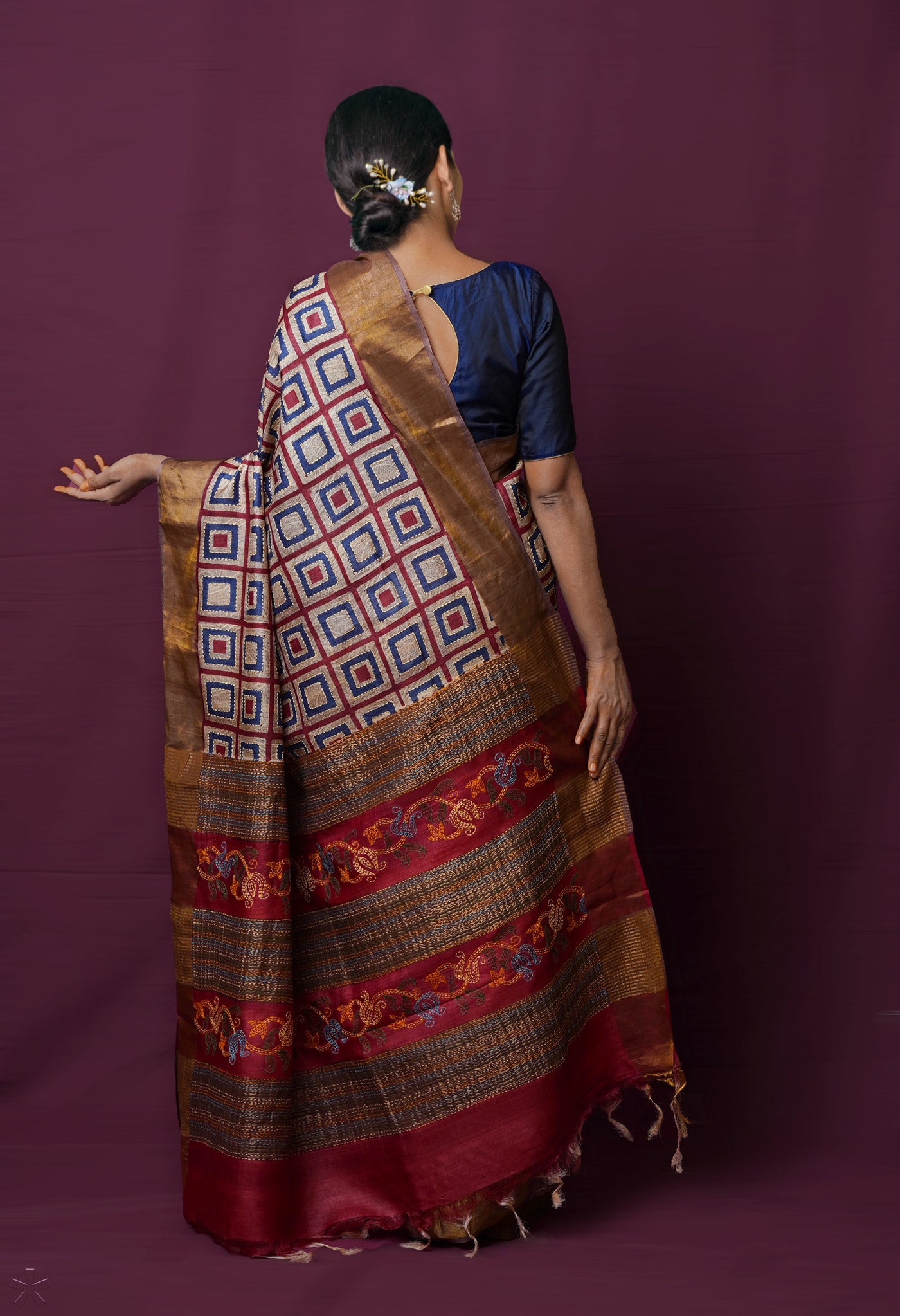 Beige Pure Handloom Block Printed With Kantha Work Embroidery Bengal Tussar Silk Saree-UNM72177