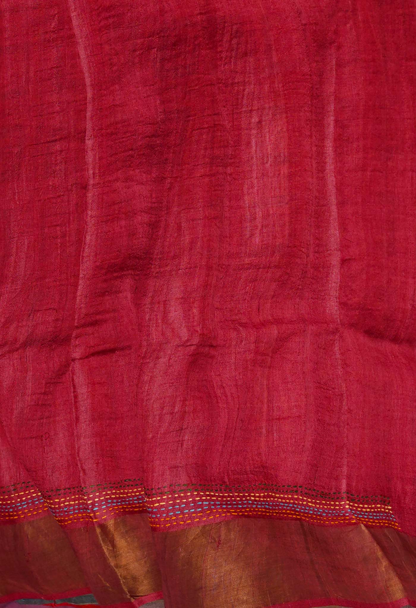 Beige Pure Handloom Block Printed With Kantha Work Embroidery Bengal Tussar Silk Saree-UNM72177