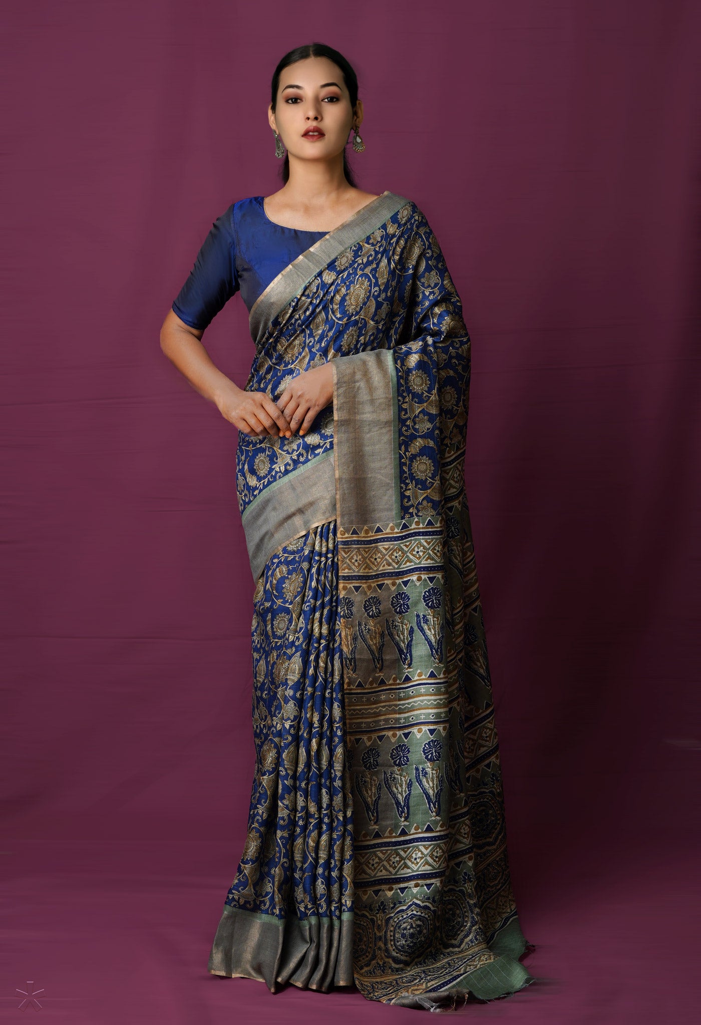 Navy Blue Pure Block Printed Pashmina Soft Silk Saree-UNM72183