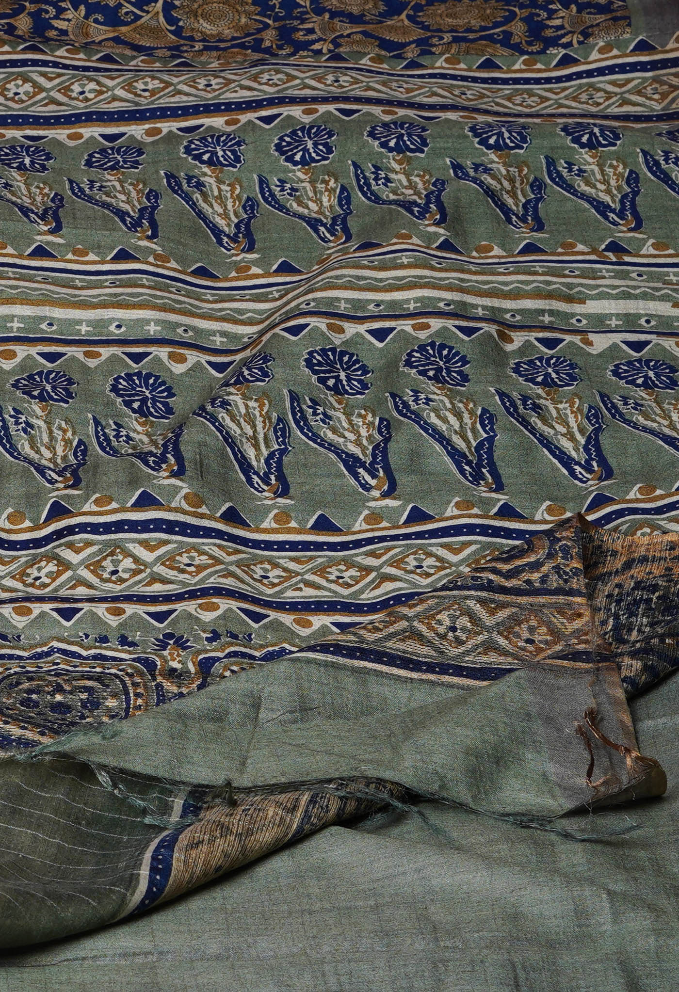 Navy Blue Pure Block Printed Pashmina Soft Silk Saree-UNM72183