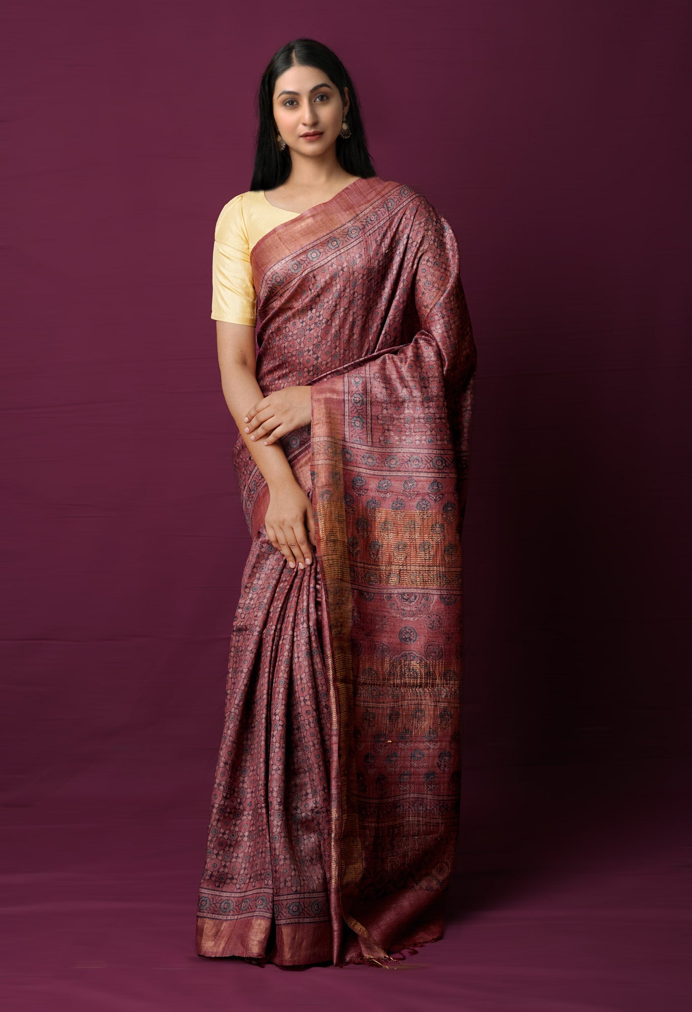 Peach Pink Pure Handloom Block Printed Bengal Tussar Silk Saree-UNM72200