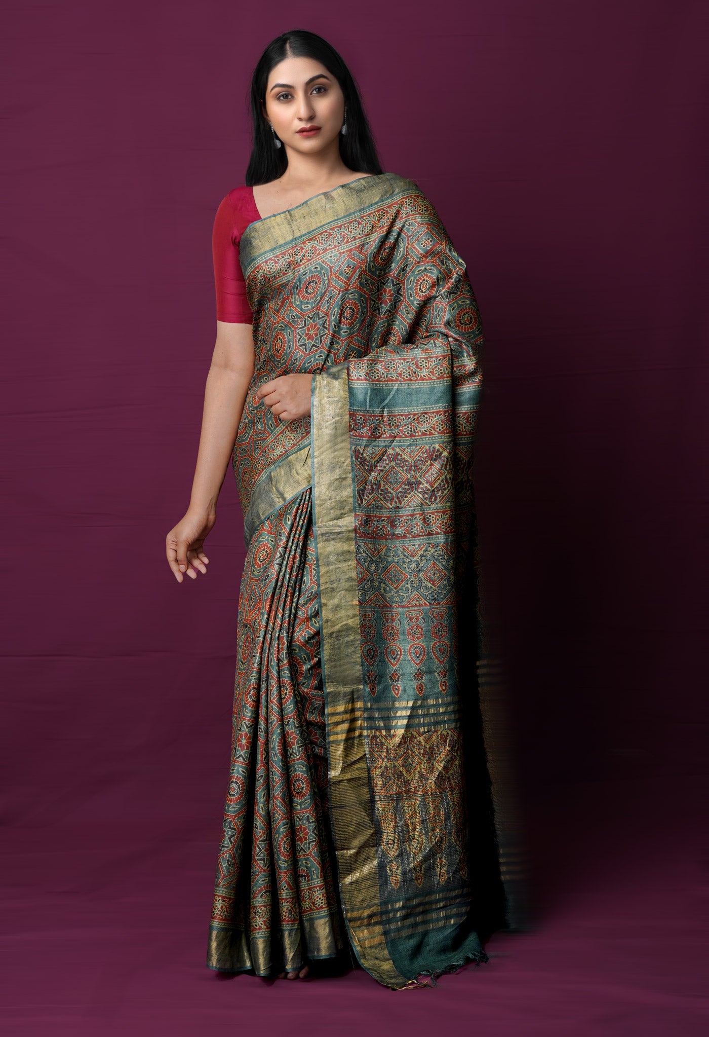 Light Blue Pure Handloom Block Printed Bengal Tussar Silk Saree-UNM72201
