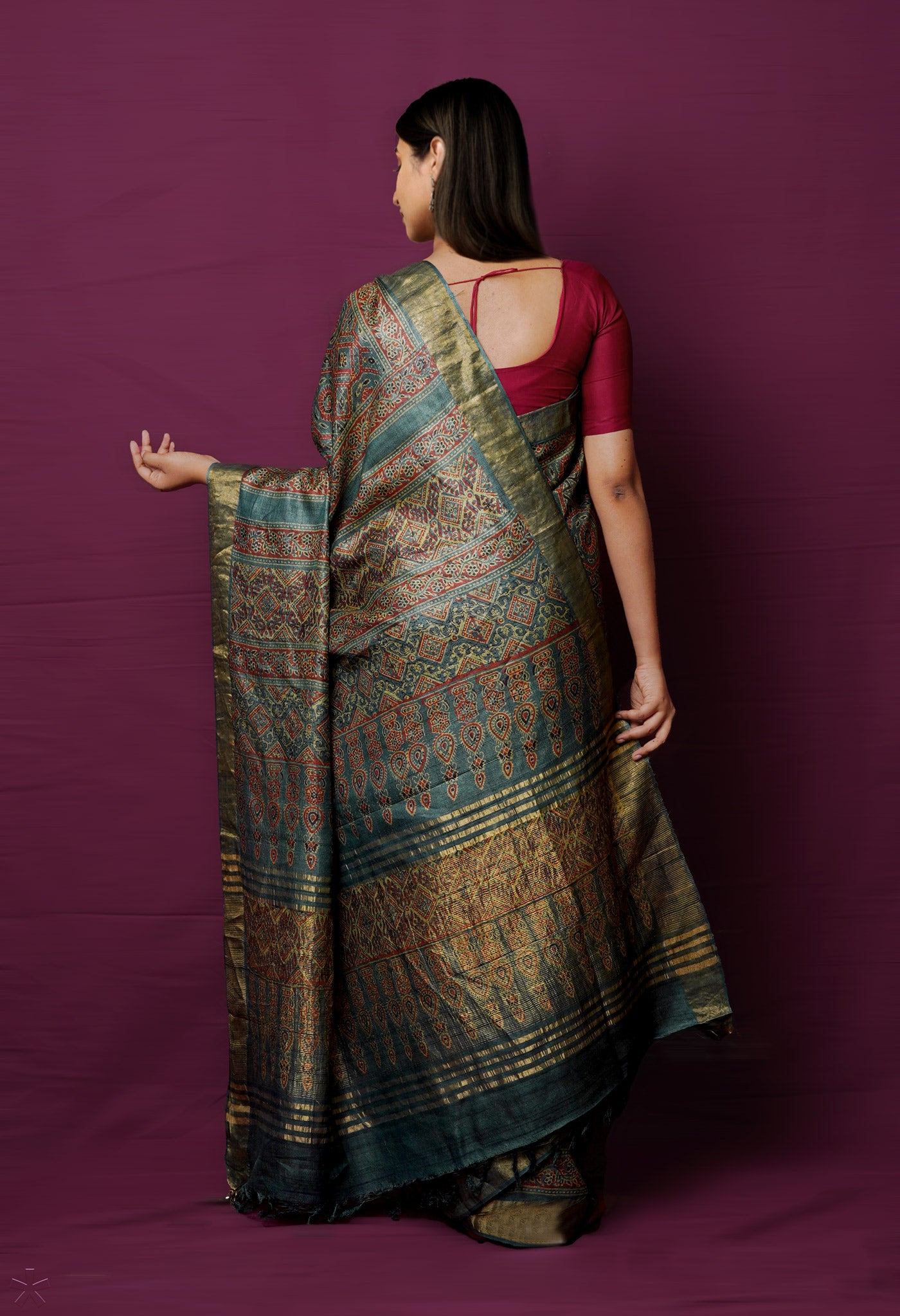 Light Blue Pure Handloom Block Printed Bengal Tussar Silk Saree-UNM72201