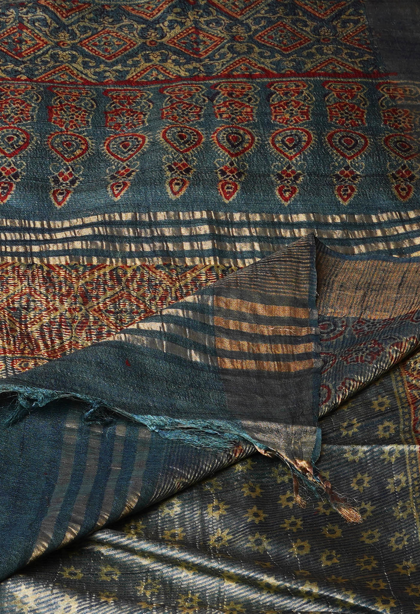Light Blue Pure Handloom Block Printed Bengal Tussar Silk Saree-UNM72201
