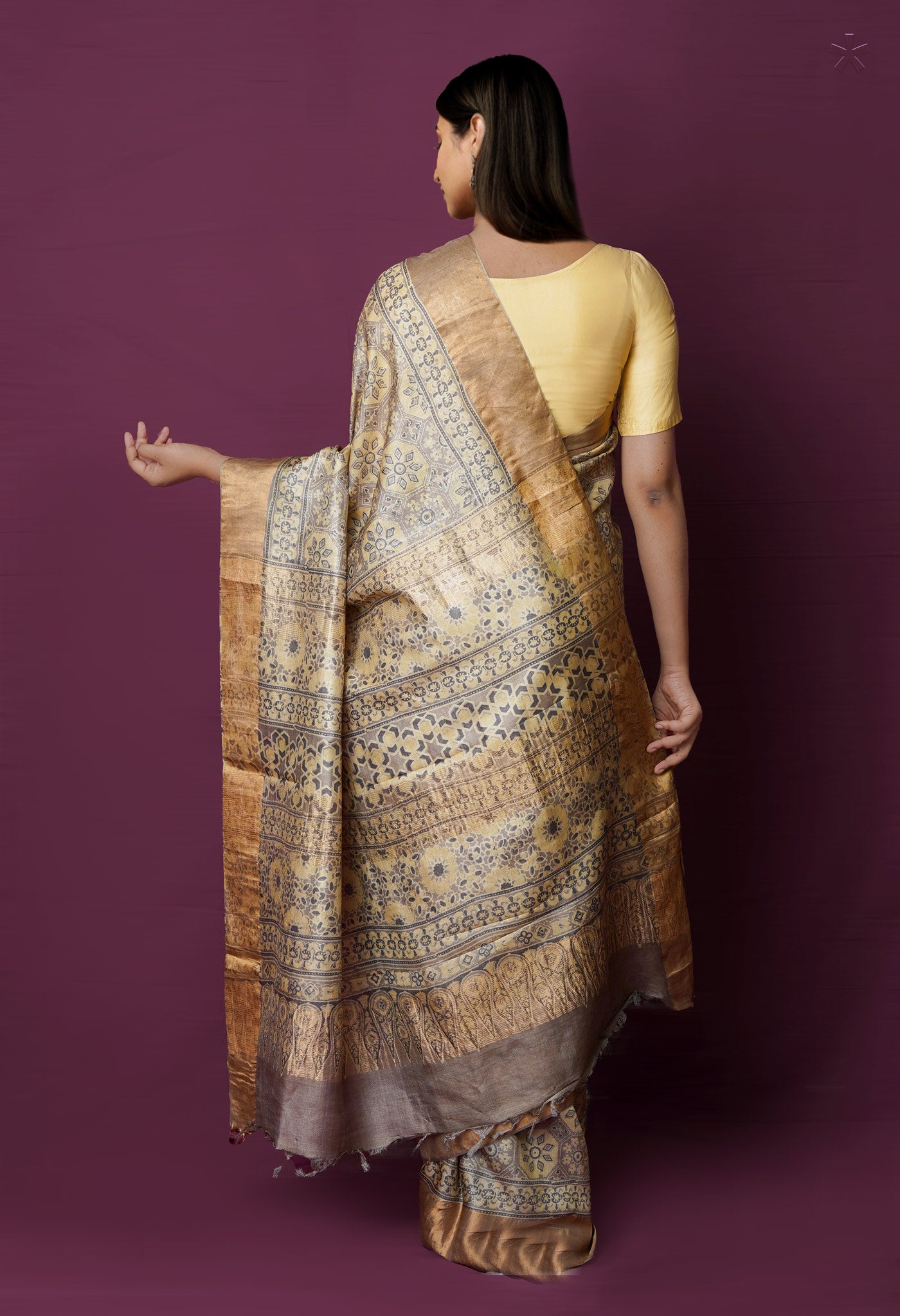 Beige Pure Handloom Block Printed  Bengal Tussar Silk Saree-UNM72206