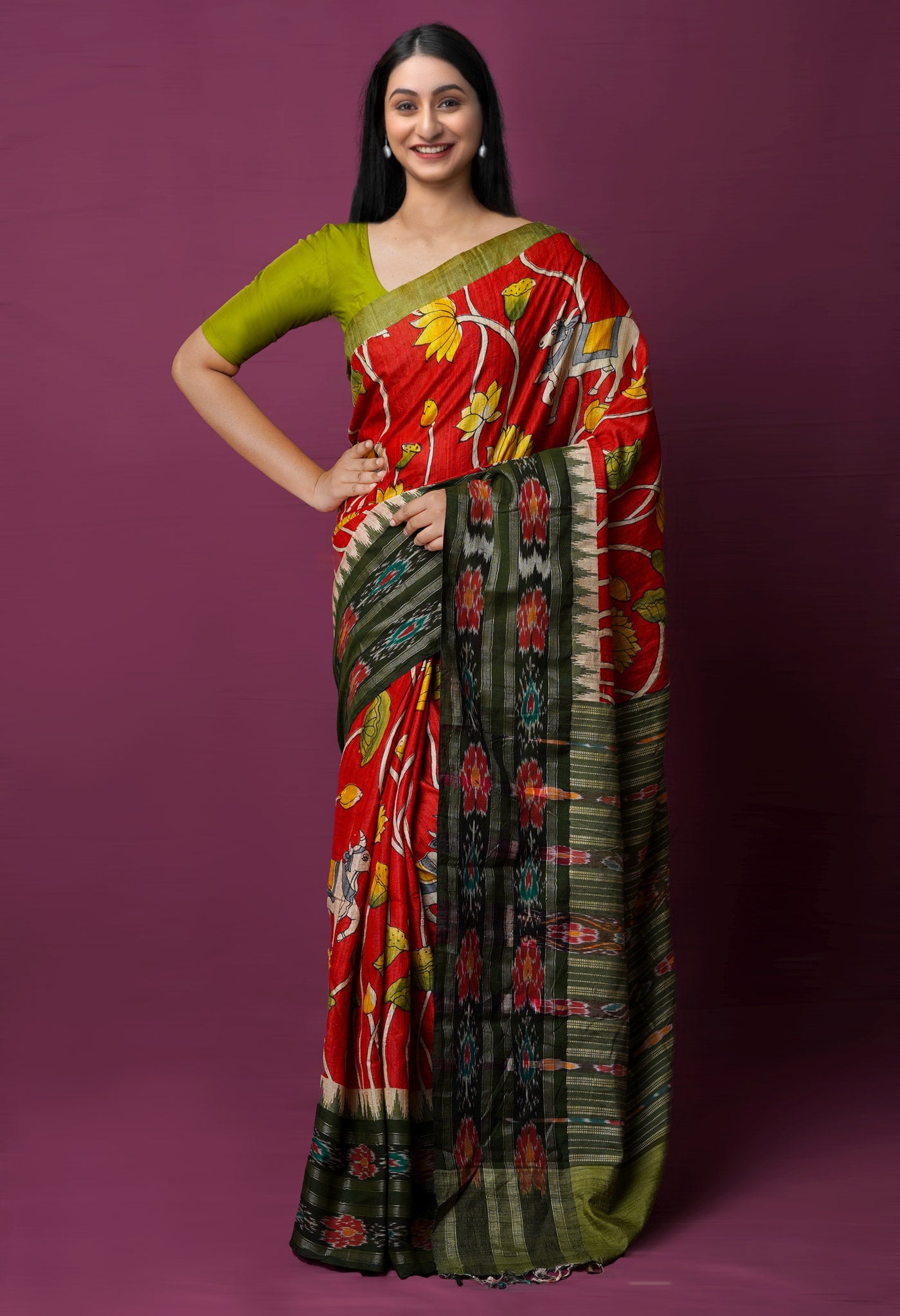 Red Pure Handloom Pen Kalamkari Painting Gicha Tussar Jute Saree-UNM72208