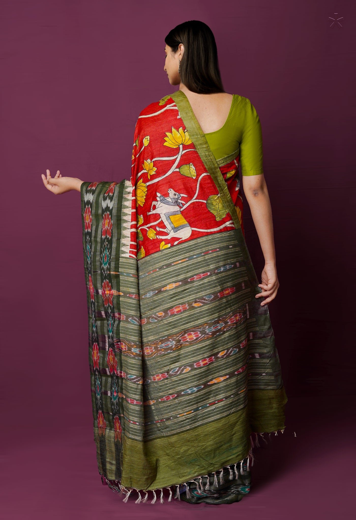 Red Pure Handloom Pen Kalamkari Painting Gicha Tussar Jute Saree-UNM72208