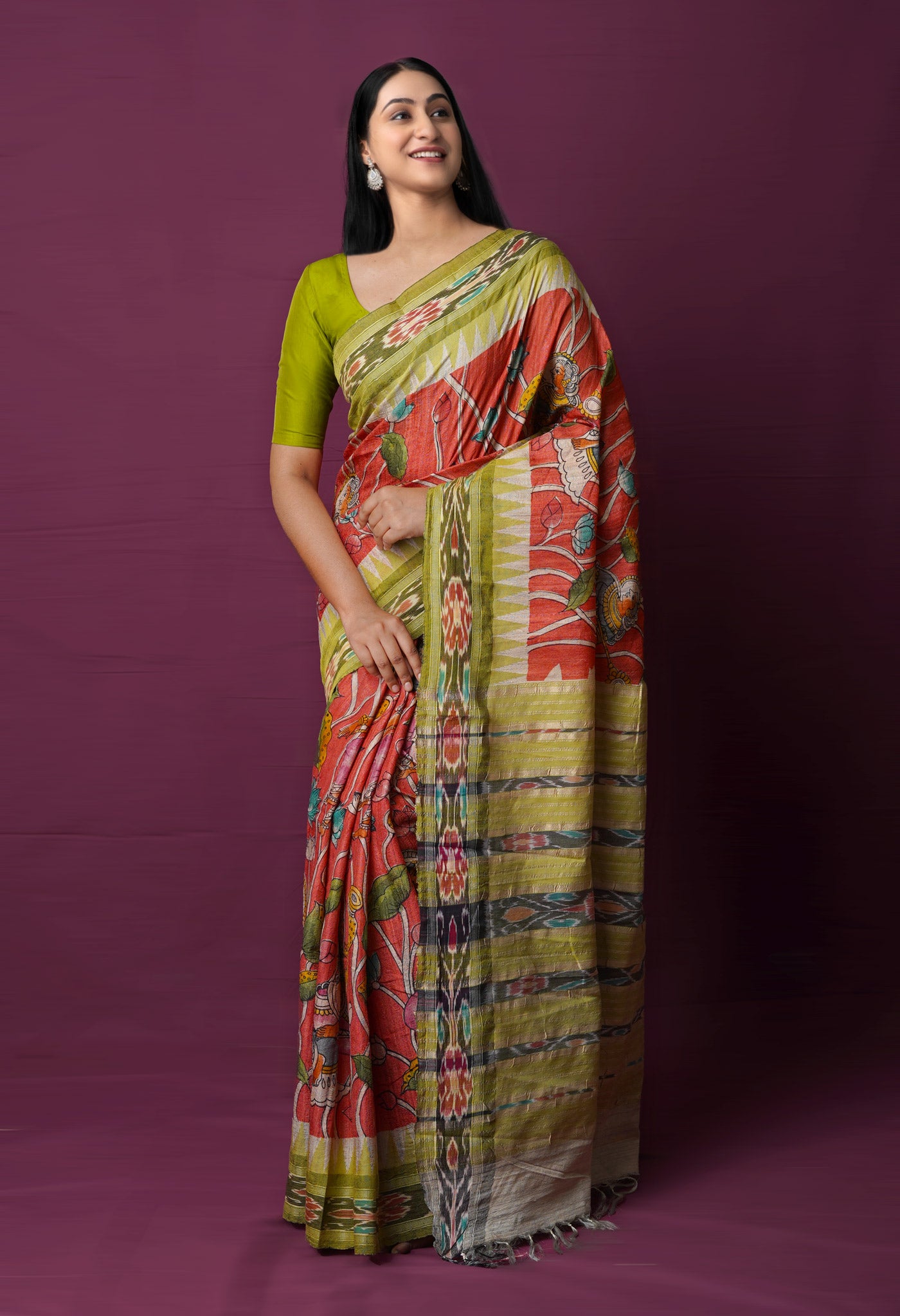 Peach Red Pure Handloom Pen Kalamkari Painting Gicha Tussar Jute Saree-UNM72225