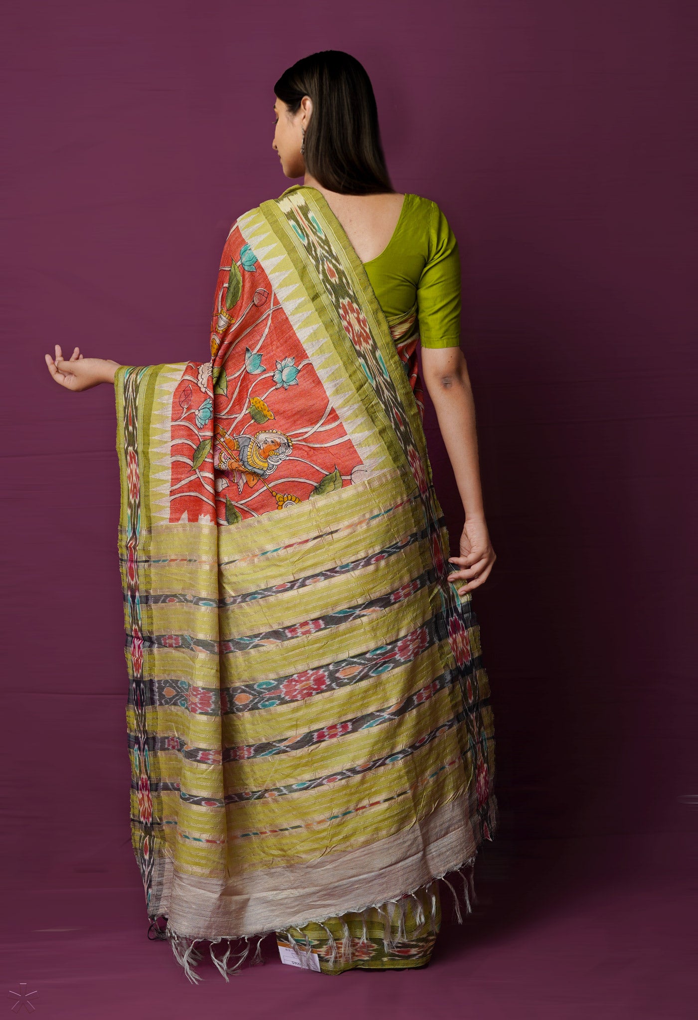 Peach Red Pure Handloom Pen Kalamkari Painting Gicha Tussar Jute Saree-UNM72225