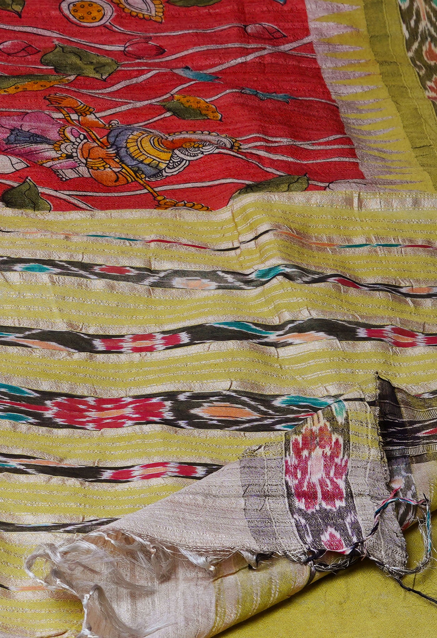 Peach Red Pure Handloom Pen Kalamkari Painting Gicha Tussar Jute Saree-UNM72225