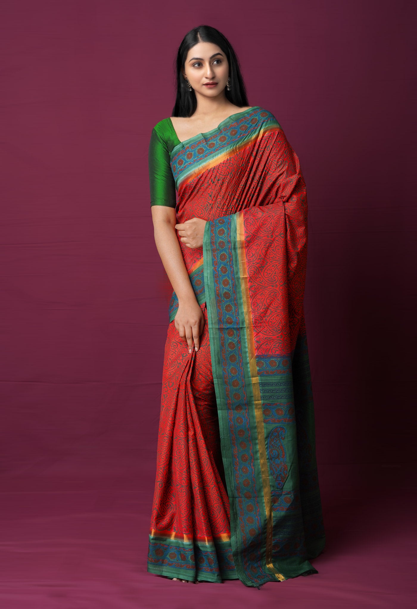 Red Dyed Printed Summer Bangalore Soft Silk Saree-UNM72237