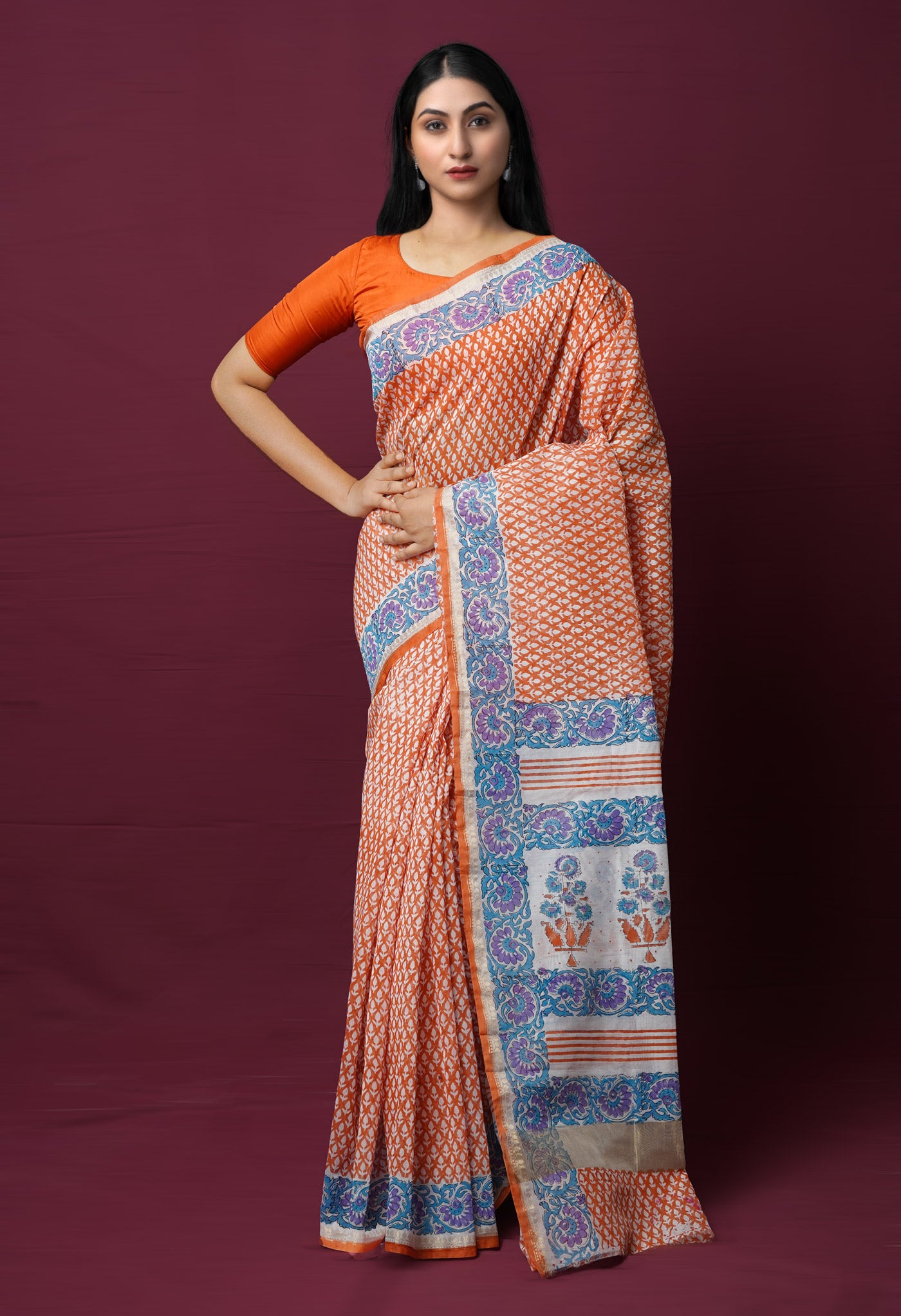 Orange Dyed Printed Chanderi Sico Saree
