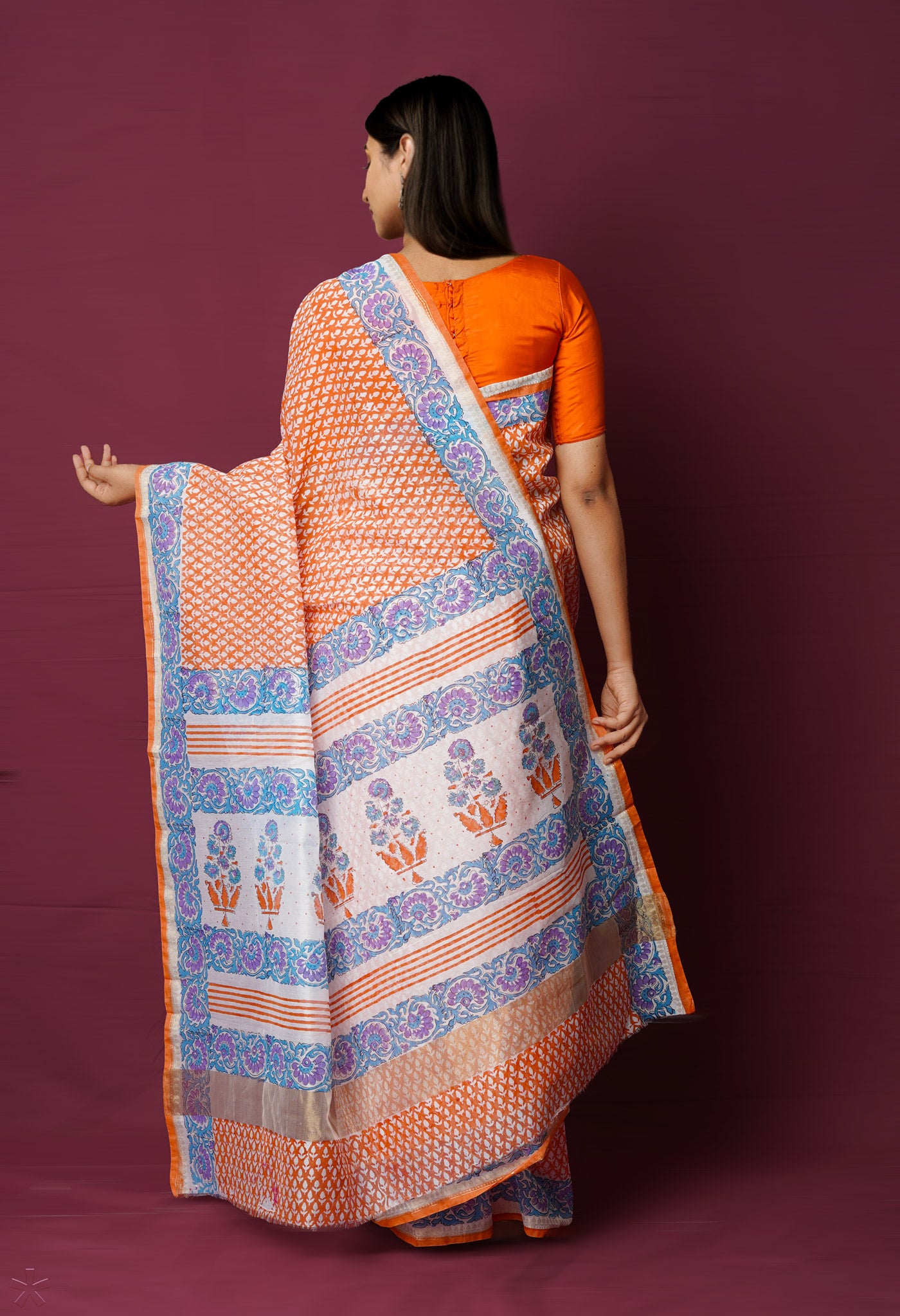 Orange Dyed Printed Chanderi Sico Saree