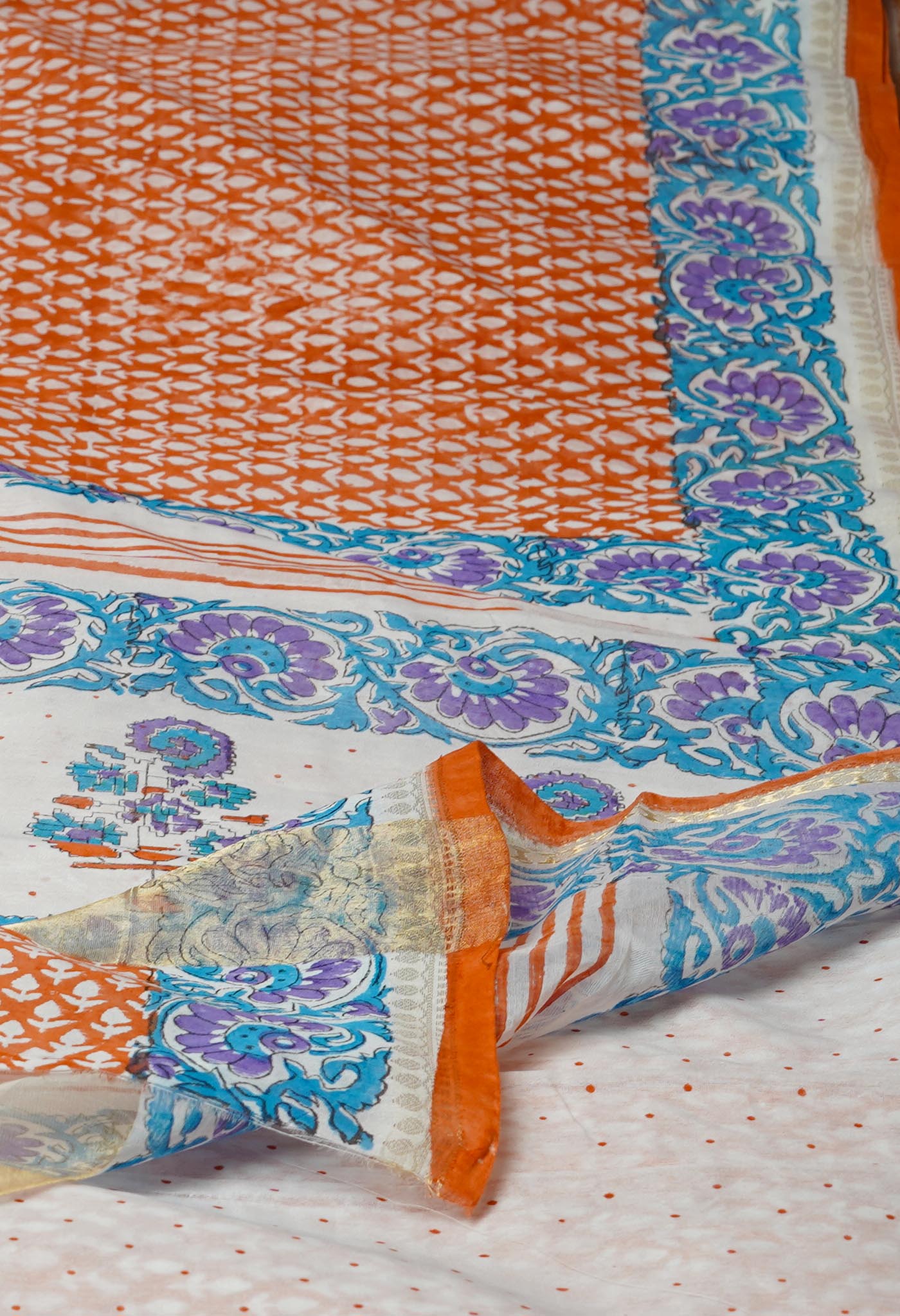 Orange Dyed Printed Chanderi Sico Saree