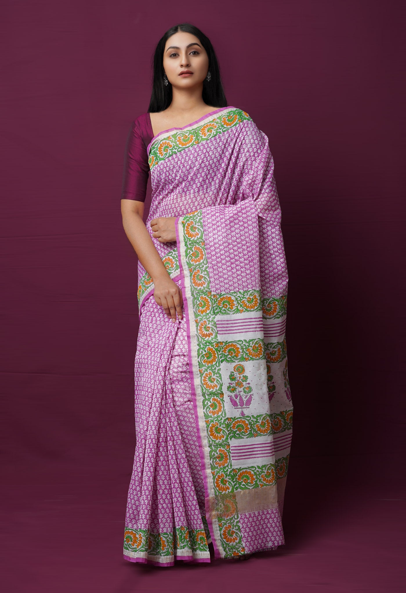 Pink Dyed Printed Chanderi Sico Saree