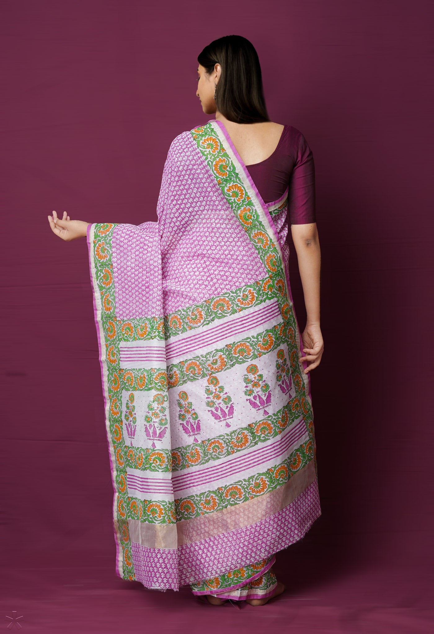 Pink Dyed Printed Chanderi Sico Saree