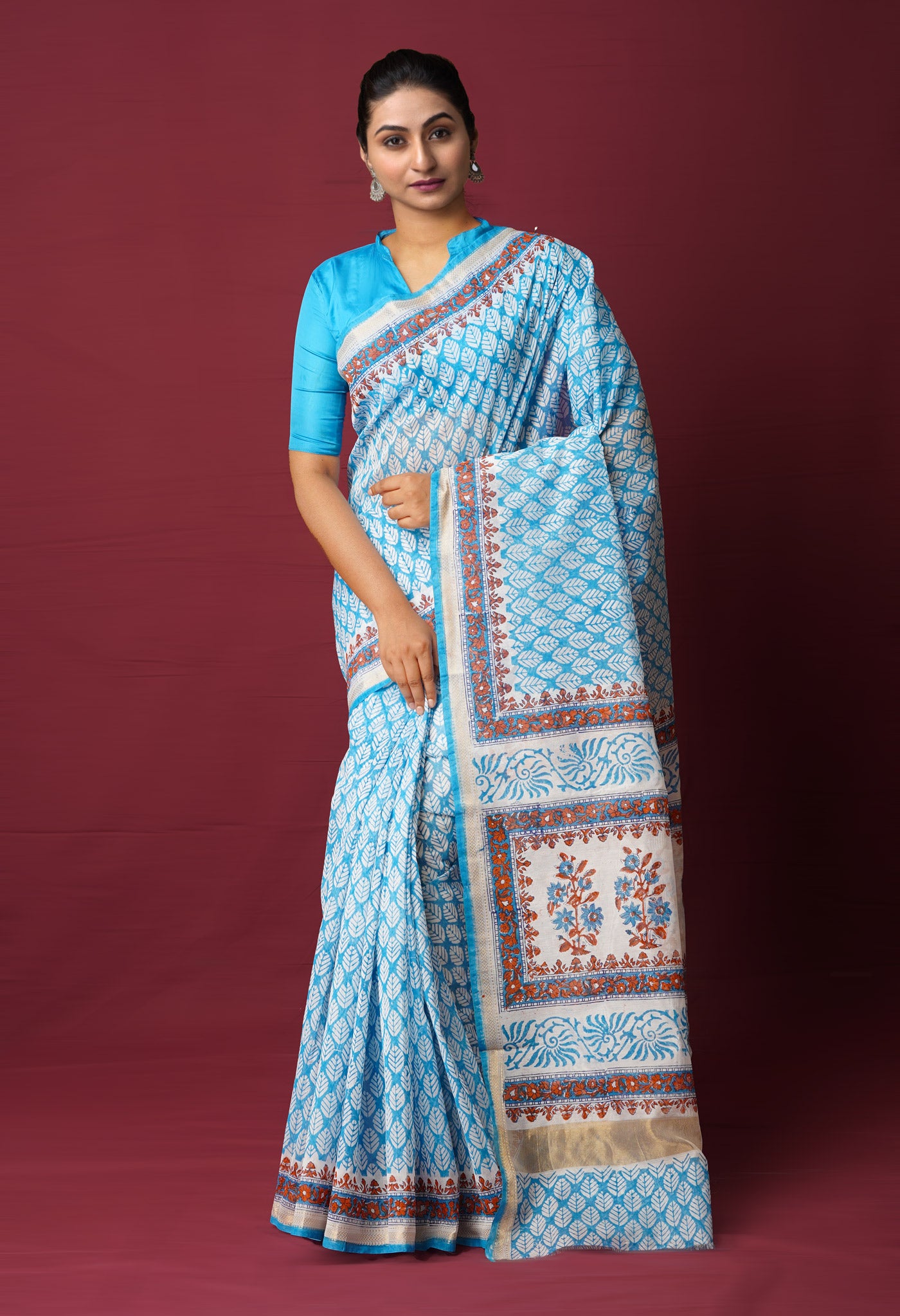 Blue Dyed Printed Chanderi Sico Saree