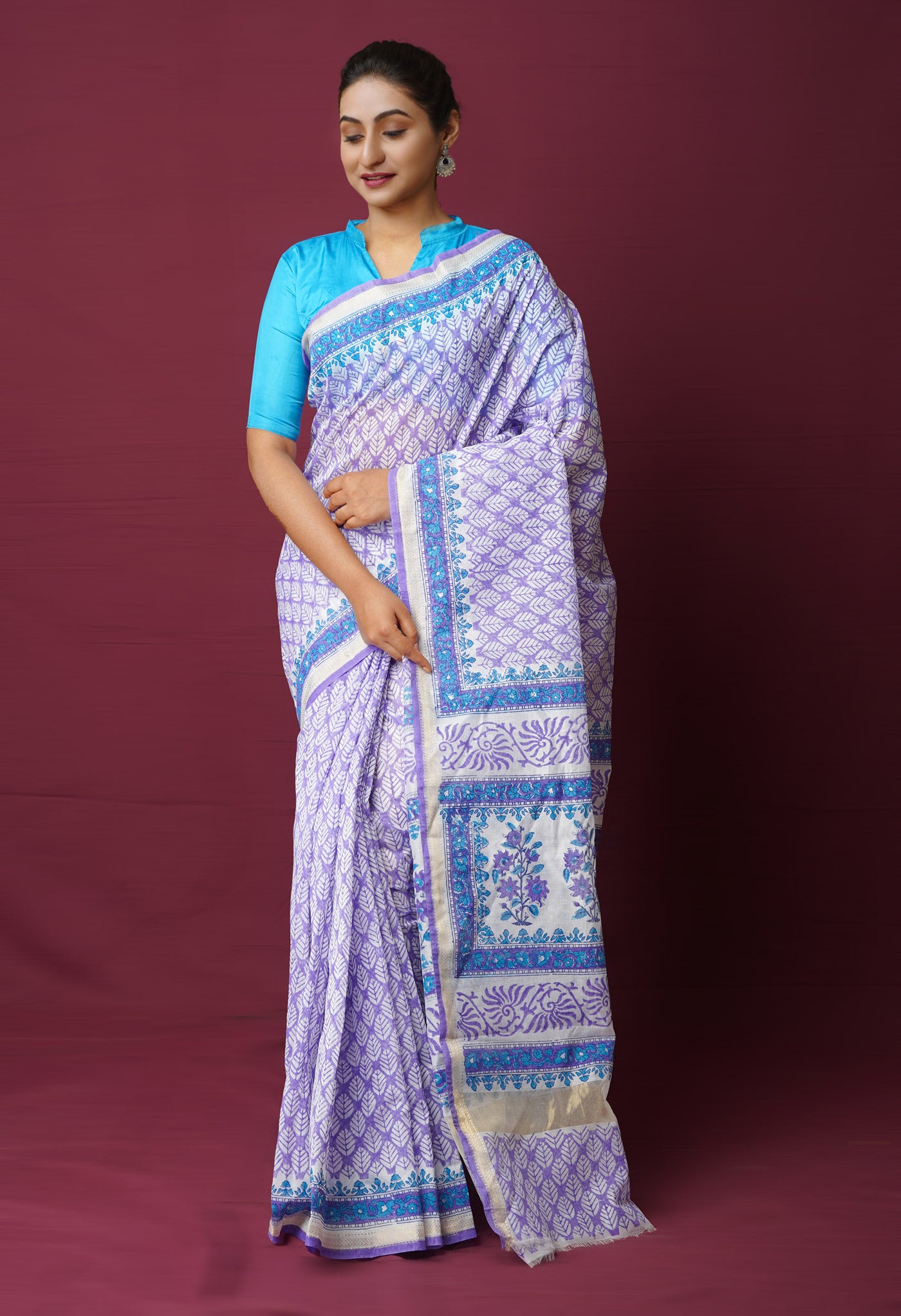 Lavender Dyed Printed Chanderi Sico Saree
